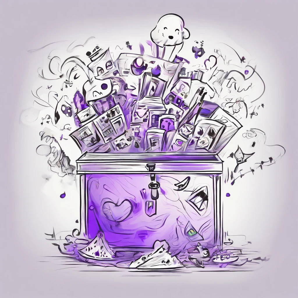 Pandora's box sketched in a kindergarteners style, pandora’s Box, surreal, crude drawing, kindergarten, forbidden, crayons, exploding box, evil, malevolent, ugly drawing, ghosts, evil spirits, dark purple stuff