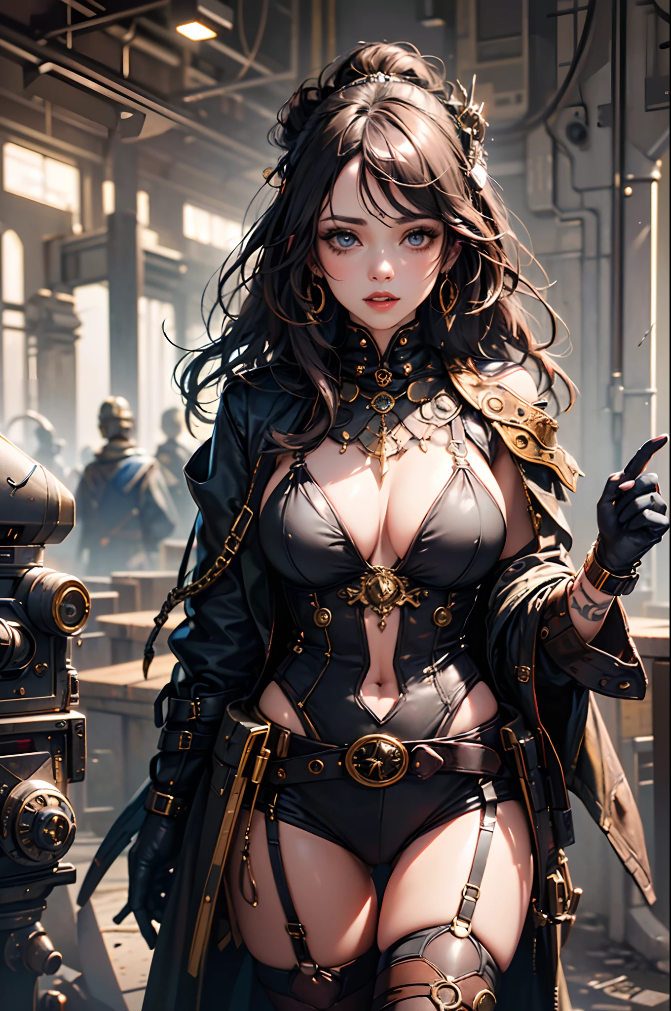 (1girl:1.3), looking at viewer, (steampunk suggestive clothes, Maven, Average Height, Toned, Round Face, Olive Skin, Brunette Hair, Blue Eyes, Wide Nose, Full Lips, Receding Chin, Long Hair, Straight Hair, Wavy Updo, soft sagging breasts, Threader earrings, golden, matte lipstick,steampunk metropolis),(masterpiece, best quality, detailed shiny skin:1.2), flawless, 8k, RAW, highres,absurdres,