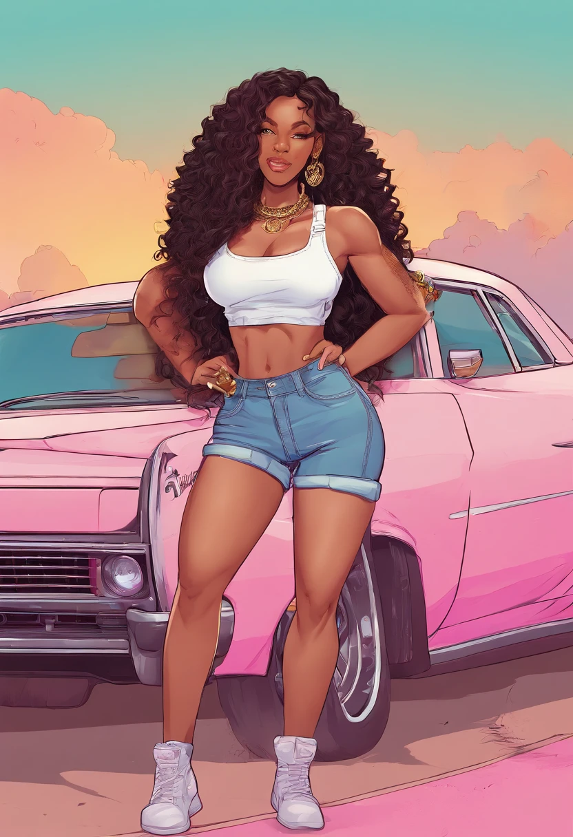 there is a woman with long hair, light pink background with smoke, from Dominican Republic , sza, gorgeous woman that looks like doja cat, long curly hair, ☁🌪🌆👩🏾, she is wearing a white tank top and jean shorts , black hair, black long curly hair, young black woman, milf, voluptuous body, thick thighs, big breasts