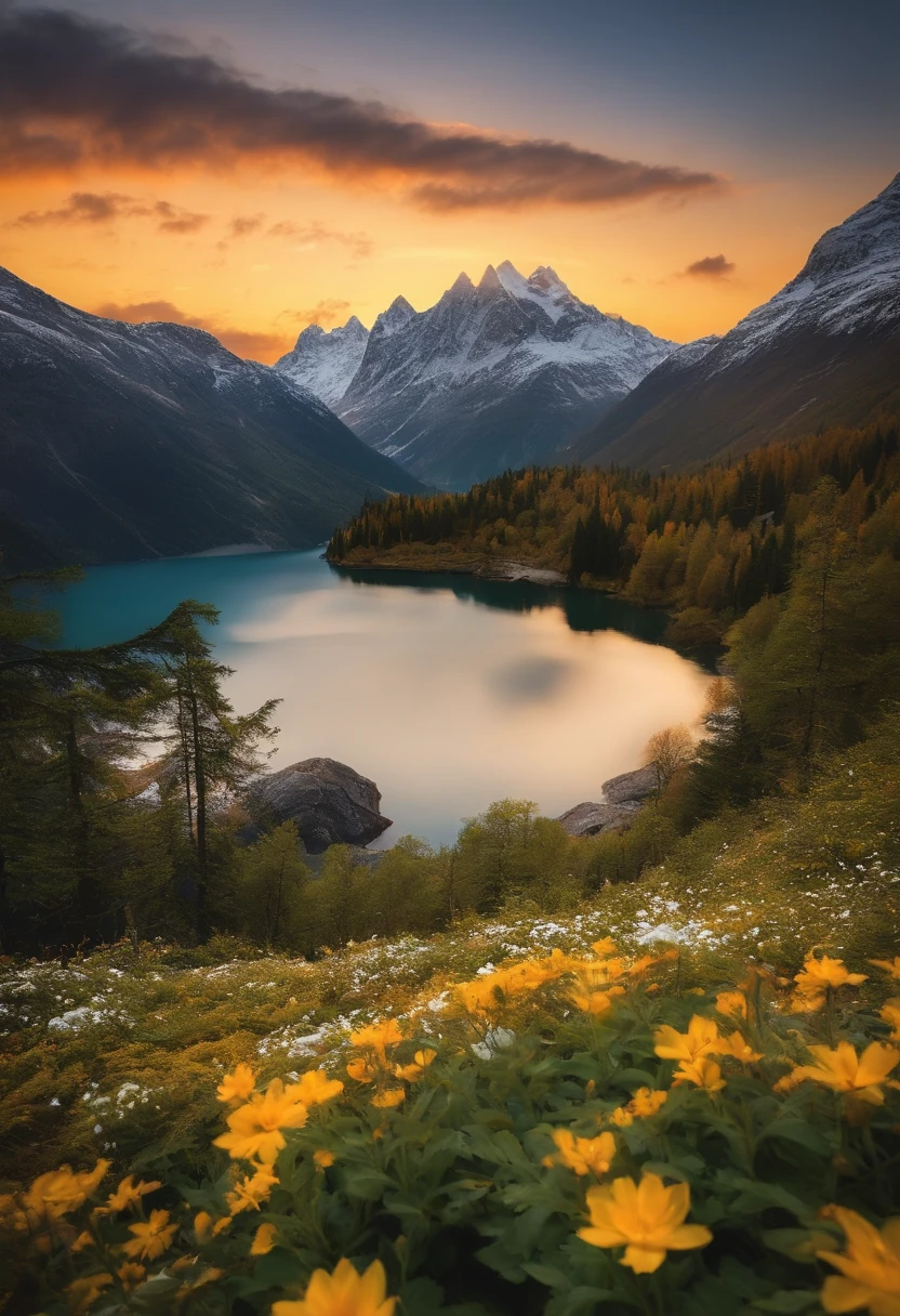 On the vast land,snow mountains、ln the forest、lakes、A golden picture of a sea of flowers and the sun