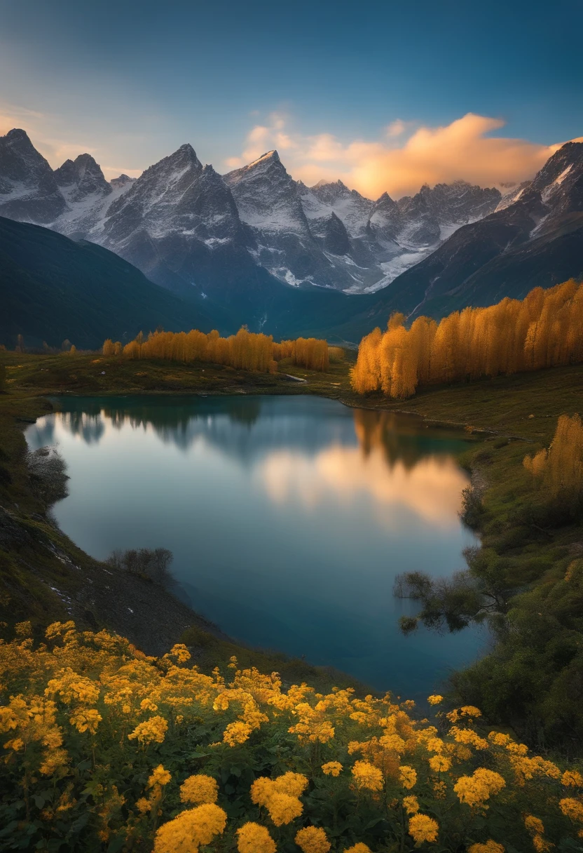 On the vast land,snow mountains、ln the forest、lakes、A golden picture of a sea of flowers and the sun