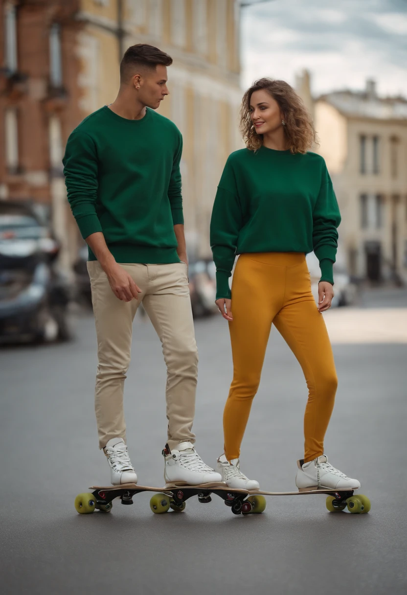 A beautiful lady with height 165 cm wearing a green sweatshirt and matching pants
in side a man in a gray shirt and cream pants
Both of them have inline skates and are competing