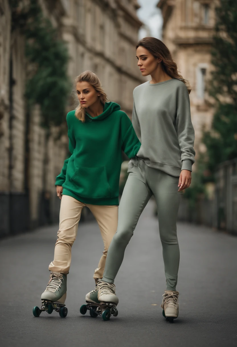 A beautiful lady with height 165 cm wearing a green sweatshirt and matching pants
in side a man in a gray shirt and cream pants
Both of them have inline skates and are competing