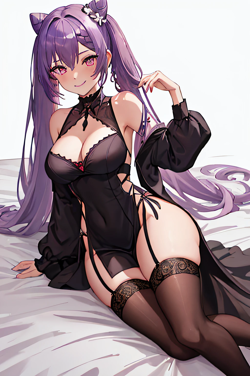 Best quality, Masterpiece, A high resolution, Solo, {Keqing_Genshin:1.15}, Long_Hair, purple_Hair, purple_Eyes, Hair_Bun, cone_Hair_Bun, double tails, bangs, Double_Bun, Breasts, Hair_decorations, Blush, Braid, mediating_Breasts, Closed_Mouth, 1girll, Bare_bshoulders, cleavage, Looking_at_peeping at the viewer, Simple_Background, The upper part of the body_Body, White_Background, Hair_between_Eyes, Large_Breasts, 鎖骨,(Wearing a long black lace dress),(Smile),evil grin smile,Licking his lips,Wearing black stockings,red color eyes,(Lie down in bed)