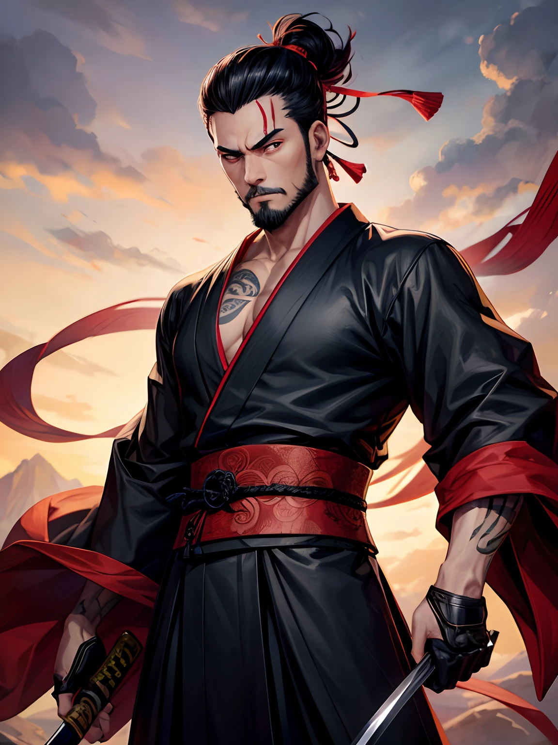 A Japanese man with a clean shaved bearded face, an updo hairstyle, dressed in a black and red kimono. His eyes are black and intense. He is holding a katana, poised for action. The artwork is in an anime art style, specifically inspired by Jujutsu Kaisen. The image should be of the highest quality, with a resolution of 4k. fit body, dragon tatto, blindfolded, half naked arm