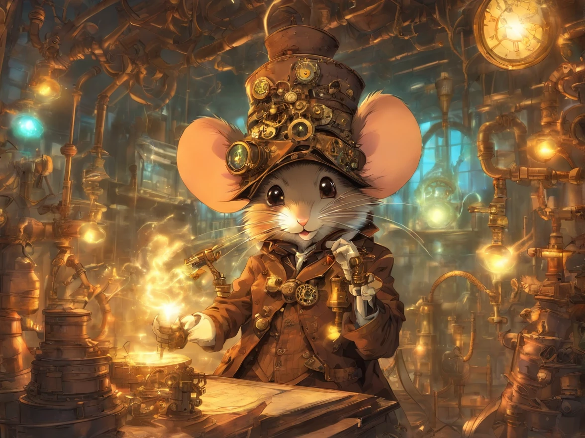 MazesAndMice, A stempunk Mouse with goggles in a bright colored labrotory full of bottles