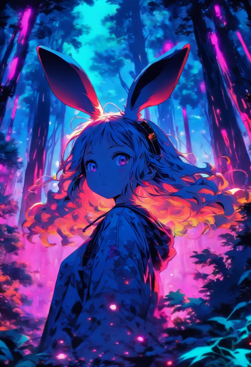 Rabbit ears Gray hair color girl with natta in woods Psychedelic atmosphere Large screen on the back DJ Events Anime Pictures