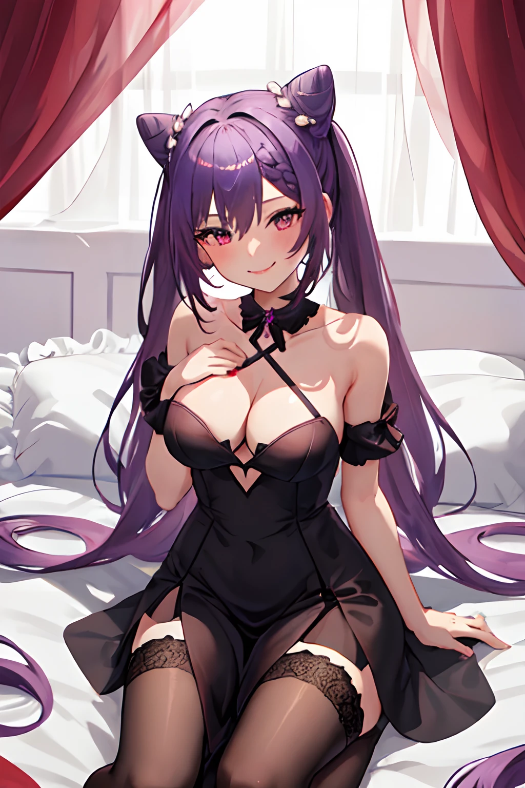 Best quality, Masterpiece, A high resolution, Solo, {Keqing_Genshin:1.15}, Long_Hair, purple_Hair, purple_Eyes, Hair_Bun, cone_Hair_Bun, double tails, bangs, Double_Bun, Breasts, Hair_decorations, Blush, Braid, mediating_Breasts, Closed_Mouth, 1girll, Bare_bshoulders, cleavage, Looking_at_peeping at the viewer, Simple_Background, The upper part of the body_Body, White_Background, Hair_between_Eyes, Large_Breasts, 鎖骨,(Wearing a long black lace dress),(Smile),evil grin smile,Licking his lips,Wearing black stockings,red color eyes,(Lie down in bed)