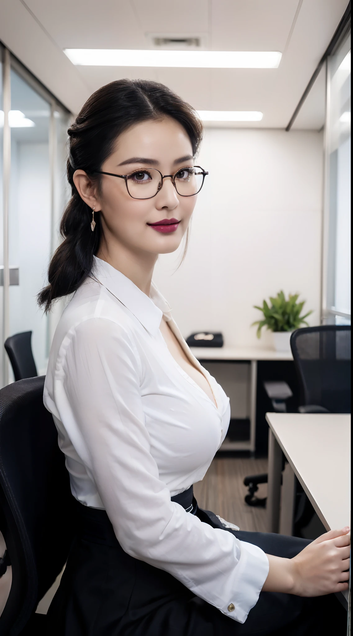 (1 realistic lady), (From the bottom up), staring at viewer, masterpiece, vibrant colors, shadows, In the parking lot at night, effeminine, A white office lady shirt wraps around the upper body，office lady Blue-black blazer， slim waist, big hips, wide hips, large butt, young, pale, female, slim，legs are open，Sit，focuses on the lower body, Office lady skirts，(((Very MILF fat leg shape)))，(gigantic hip:1.5), (ultra cute Japanese-Taiwanese hermaphrodite idol face:1.4), (South Chinese Unisex beauty face), (luxury office lady hairstyle:1.6), masterpiece, best quality，(all Hands are wrapped in sleeves), (Hazy:1.4), (Flat breasts:1.5), ［human|Silicone sex doll］, perfect fingers, perfect fat mature legs，Both legs are equal, long hair, (Unlike the ordinary Lora face:1.4), (8k,RAW photo,photorealistic:1.25)(Glossy side with shiny skin,best qualtiy,超高分辨率,depth of fields,color difference,Caustics,Wide light,naturalshadow，Brown pupils),  (luxury makeup:1.4), (26 yo), (chinky eyes:1.5), (thick eyeslashes), (ssmile:1.1), (even skintone:1.4), tight-fitting top，The cheeks are slightly thinner，Red ties to lips, ［male|female］， dim murky lights，earring，Tall male physique, 175cm tall, (Wearing a office lady glasses:1.25)