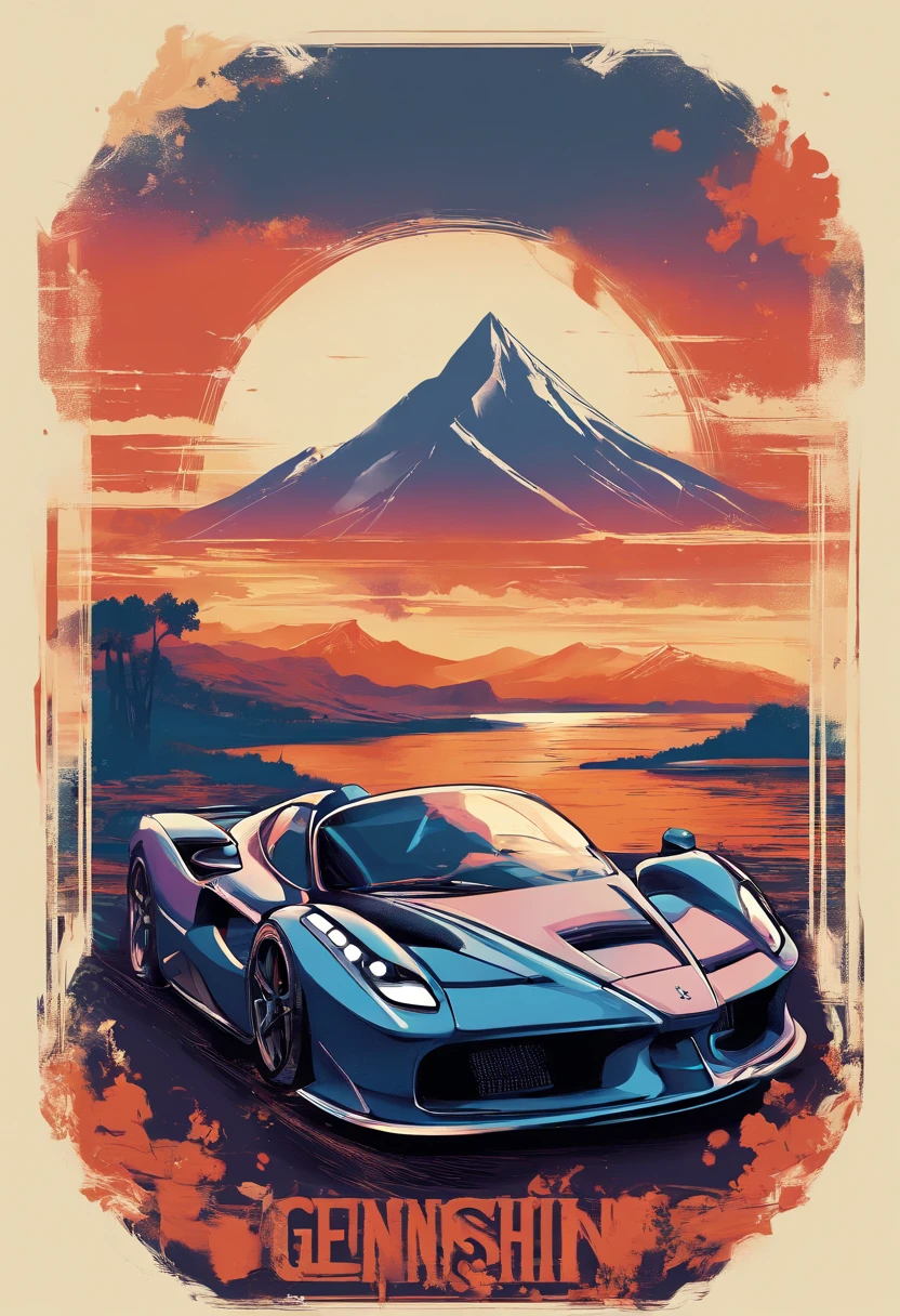 T-shirt design, genshin impact graphic, vector, a ferrari enzo with a scenic landscape in the background, detailed illustration, and retro style