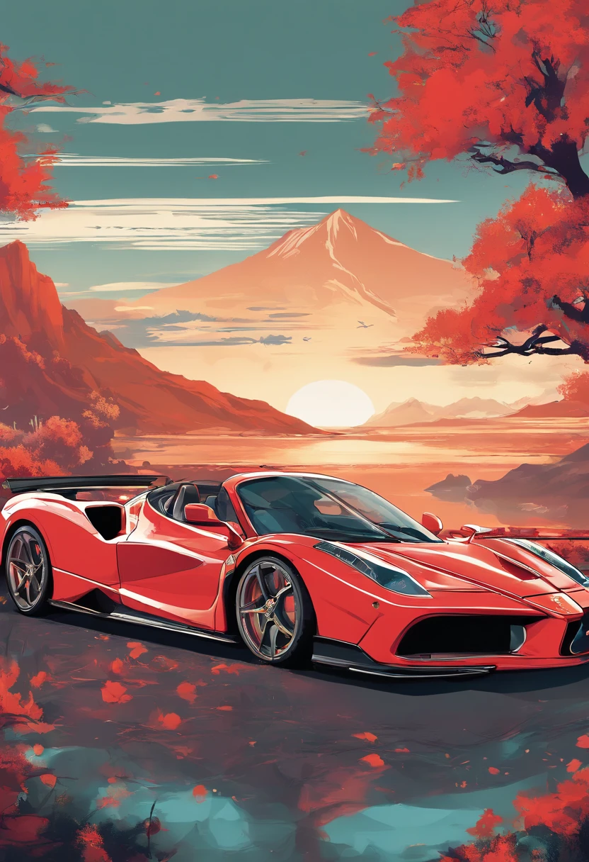 T-shirt design, genshin impact graphic, vector, a ferrari enzo with a scenic landscape in the background, detailed illustration, and retro style