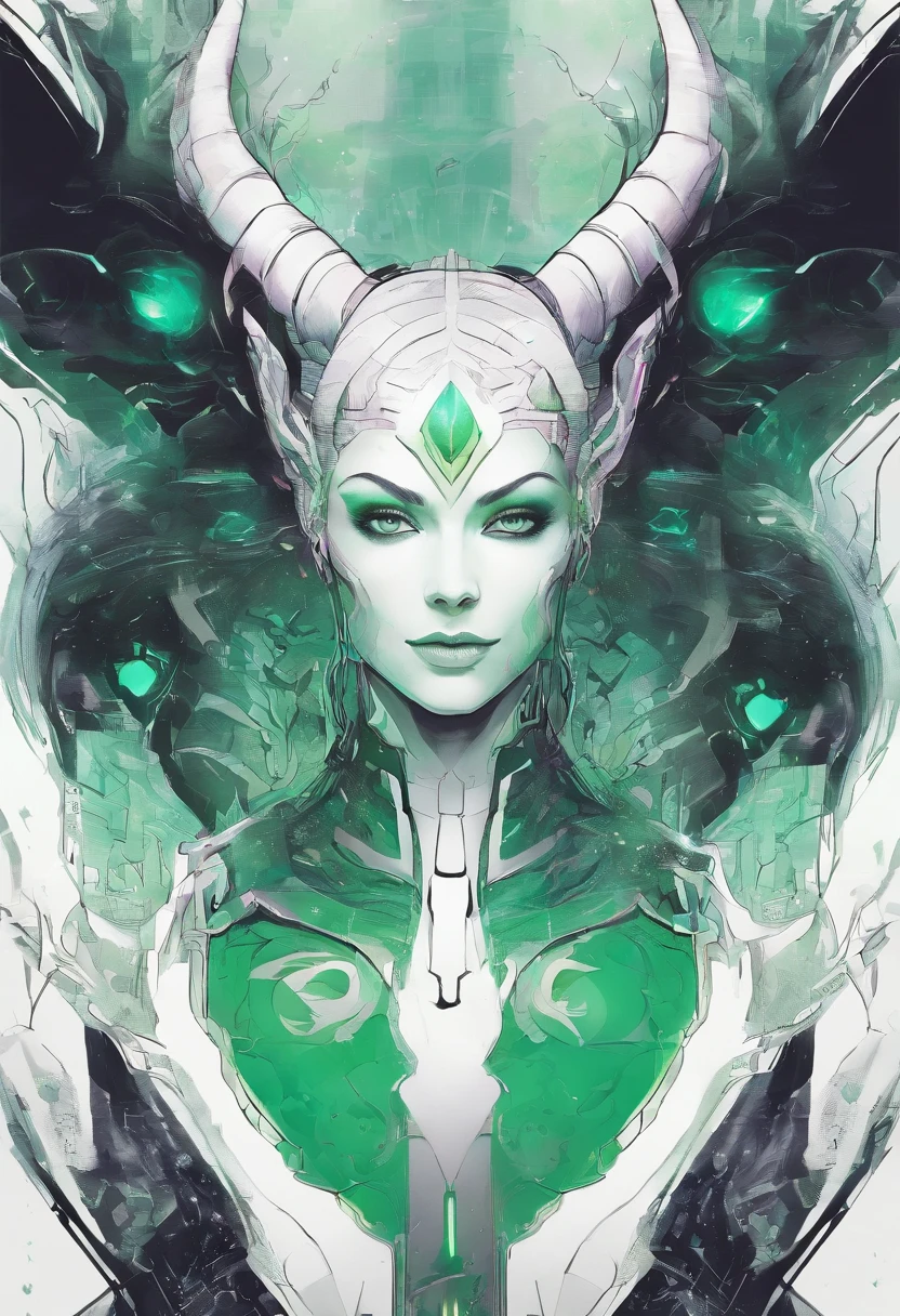hand drawn sketch illustration of a beautiful tiefling with white hair, green eyes, symmetrical dragon horns, illustration, watercolor sketch, (best quality)), intricate detailed,