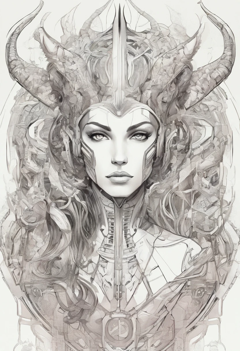 hand drawn sketch illustration of a beautiful tiefling with white hair, green eyes, symmetrical dragon horns, illustration, watercolor sketch, (best quality)), intricate detailed,