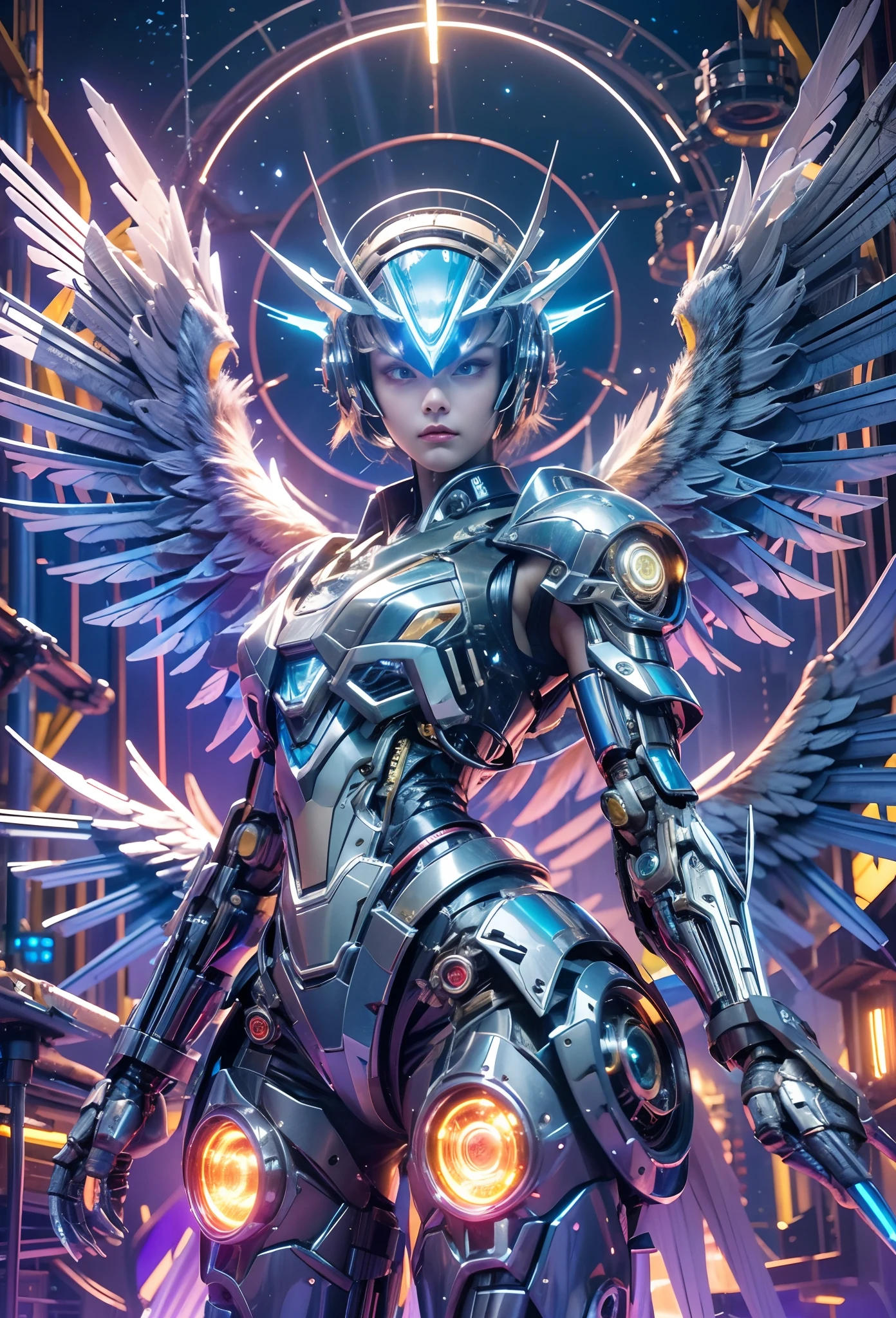 (Best quality, 8K, A high resolution, tmasterpiece:1.2), (Ultra-detailed), (anthropomorphic turtle),(Cybertron futuristic mechanical female bald eagle), (Battle Angel Lolita),full bodyesbian, dreamy glow,luminous neon lights,High-tech mechanical parts,Metal claws and wings,Metal heads and pecks,Metal feathers,Extremely cool,Metal legs,Bionic eye,Detailed feather design,sharp beak,hovers in mid-air,Electric blue and bright purple,Vivid glowing eyes,Reflective metal surface,Interlocking mechanical gears,Dynamic and stylish design,motion blur effect,meticulous craftsmanship,Sci-fi atmosphere,Streamlined aerodynamic shape,Laser scanning pattern,holographic projections,Light-emitting circuit lines,hauntingly beautiful,Otherworldly precision,Advanced sensors,Complex algorithms,Ominous and mysterious atmosphere,electric sparks,Shiny chrome plating,Futuristic propulsion system,独奏,Medium shot,concept-art, Fantasy theme,voluminetric lighting, Global illumination, Reflection, hyper HD,The light is bright,RGB colors,vibrant with colors, Mecha musume,McCorg gear