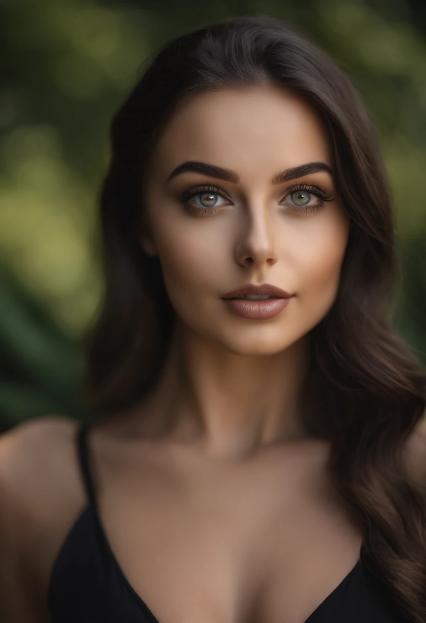 arafed frau mit schwarzen kleidern, Sexy girl with brown eyes, portrait sophie mudd, black hair and large eyes, Selfie einer jungen Frau, Augen im Schlafzimmer, Violet Myers, ohne Make-up, Natural makeup, Blick direkt in die Kamera, Gesicht mit Artgram, dezentes Make-up, Stunning full body shot, in der Natur , Spaltung