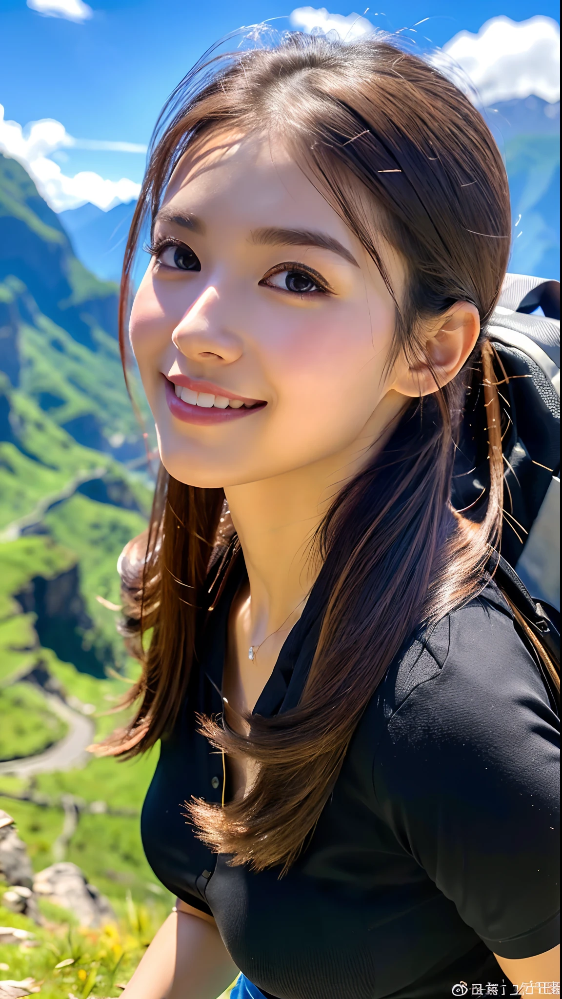 (Natural Landscape Photography), (Best Quality), masutepiece:1.2, 超A high resolution, Photorealistic:1.4, Raw photo, (Magnificent mountain, sea of clouds), (At very high mountain peaks), (Rocky mountain trail), (Wide angle shot), (Show cleavage:0.8),
(1girl in), (Photo from the knee up:1.3), (18 years old), (Smile:0.9), (Shiny skin), (Semi-long chignon hair, dark brown hair),
(Black tight shirt, Trekking Shorts), (Carrying a large backpack),
(hyperdetailed face), (Super Beautiful Maid), (Ultra detailed eyes), (Ultra-detailed nose), (Ultra detailed mouth), (Ultra detailed arms), (ultra detailed body), Pan Focus, gaze at the audience