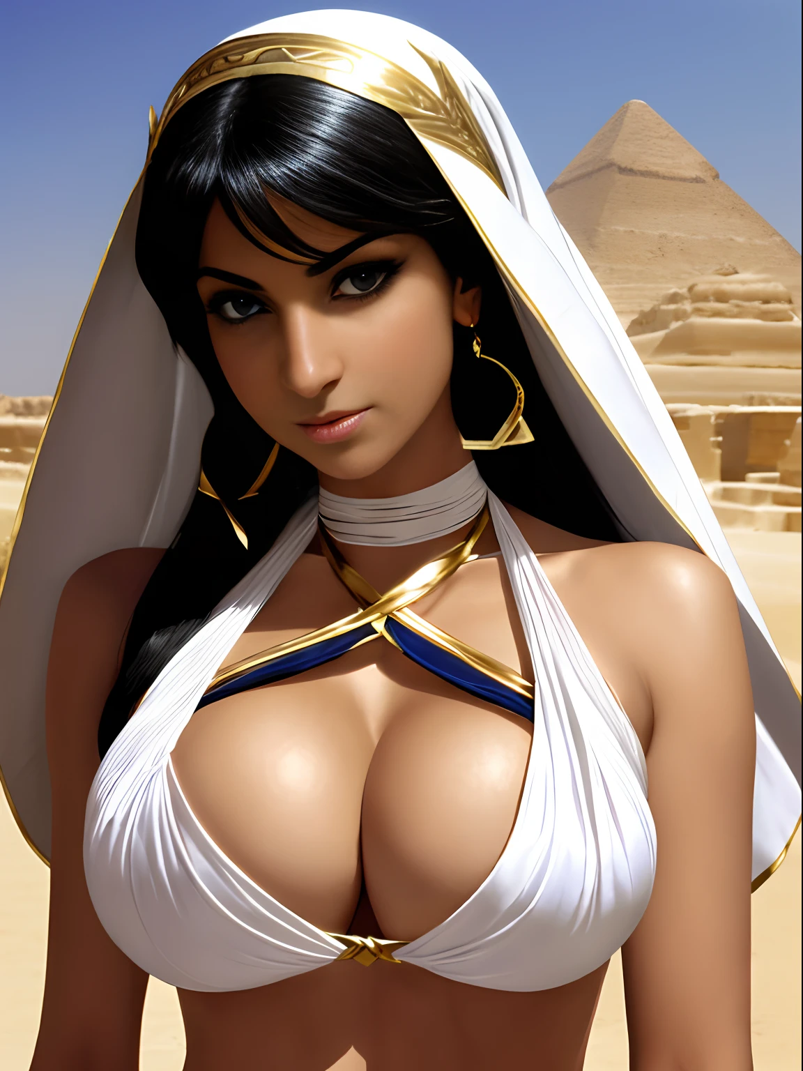(masterpiece, top quality, best quality, official art, beautiful and aesthetic:1.2), (1girl:1.3), long and straight black hair, tanned skin, extremely detailed, portrait, looking at viewer, solo, (full body:0.6), detailed background, close up, mischievous eyes, (hot summer Egypt theme:1.1), Egyptian duelist woman, heavy Egyptian makeup, winged eyeliner, (very long neck), Persian nose, bold nose, long nose, arched nose, downturned nose, large nose, dark tan skin, charlatan, smirk, mysterious, walking in desert, revealing white and gold and sapphire Egyptian silks, cobra headdress, white short skirts, ((draped halter top), criss cross halter top, criss-cross halter top, criss cross straps, criss-cross straps), jewelry, white fabric, gold jewelry, precious stones, dual sickle swords, ((((gigantic breasts, cleavage, skindentation)))), slim waist, slim hips, long legs, ancient (Egyptian temple exterior:1.1) background, dark mysterious lighting, shadows, magical atmosphere, dutch angle,