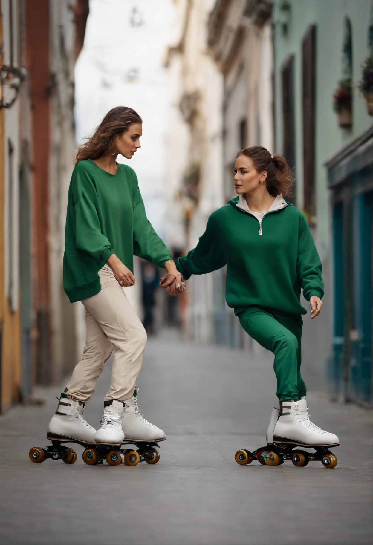 A beautiful lady with height 165 cm wearing a green sweatshirt and matching pants
in side a man in a gray shirt and cream pants
Both of them have inline skates and are competing