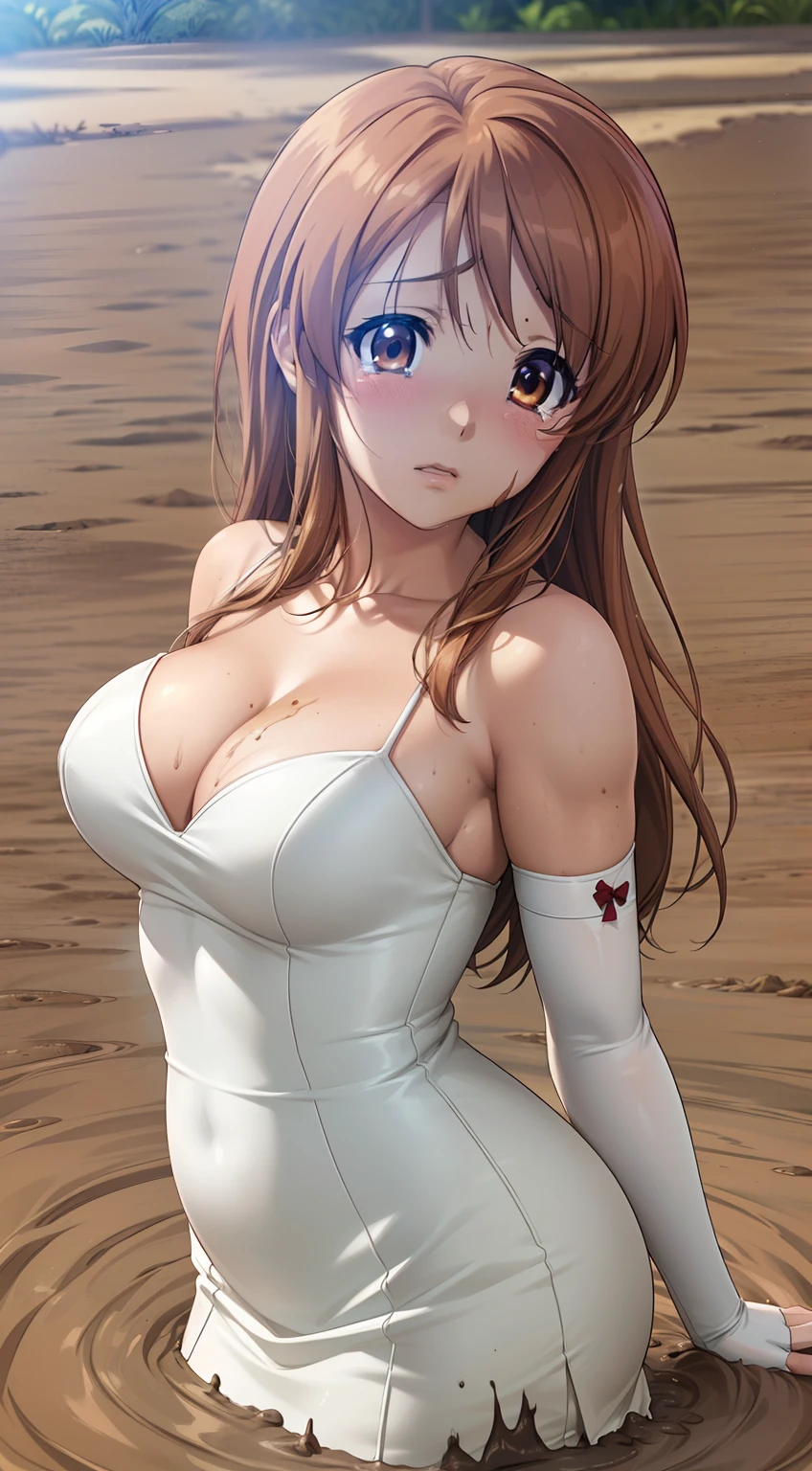 ((masterpiece, best quality, highres, perfect pixel, depth of field, 4k)), (ultra high detail:1.2), 1girl, single, solo, beautiful anime girl, beautiful artstyle, anime character, (realistic eyes:1.2), (beautiful eyes:1.2), (detailed face), (blush), ((smooth texture:0.75, realistic texture:0.65, photorealistic:1.1, anime CG style)), good lighting, dynamic angle, (asahina mikuru), (mikuru1), garden, crying, scared, lips parted, facing viewer, (wedding dress), cleavage, elbow gloves, (quicksand), (sinking in mud:1.3)