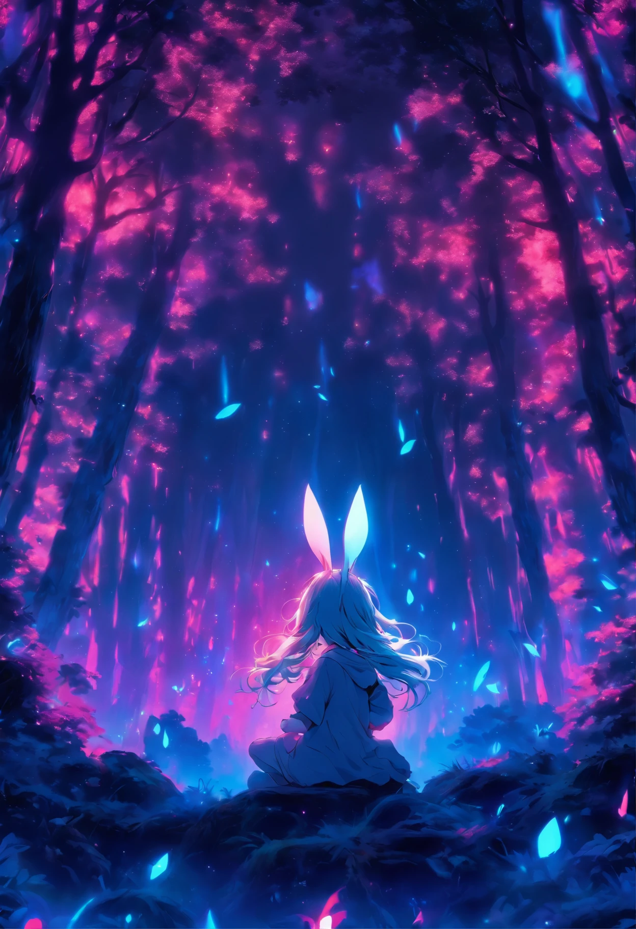Rabbit ears Gray hair color girl with natta in woods Psychedelic atmosphere Large screen on the back DJ Events Anime Pictures