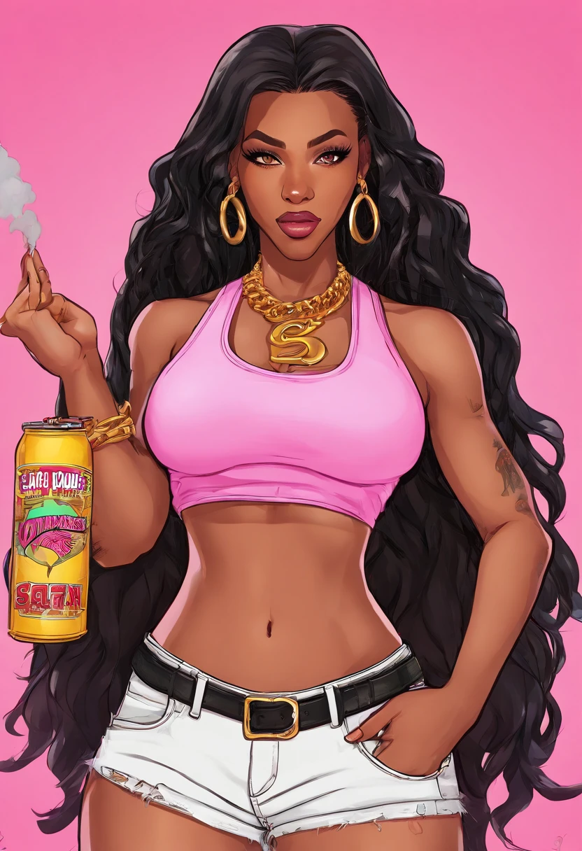 there is a woman with long hair, light pink background with smoke, Dominican, seductive face expression, sza, gorgeous woman that looks likedoja cat, long straight hair, 💨🌆👩🏾, she is wearing a white tank top jean shorts and a gold chain , black hair, black long straight hair, young black woman, milf, voluptuous body, thick thighs, big breasts