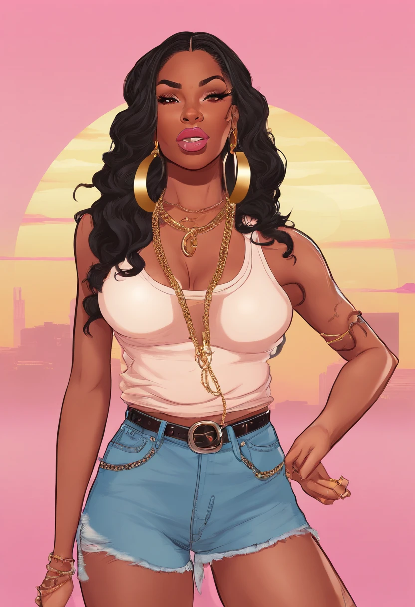 There is a woman with long hair, All light pink background with smoke, from the Dominican Republic, licking her lips, SZA, mulher linda que se parece com o gato doja, cabelos longos e cacheados, She's wearing a white tank top., shorts jeans e colar dourado , cabelos pretos, preto longo cabelo encaracolado longo, young  woman, MILF, corpo voluptuoso, coxas grossas, seios grandes