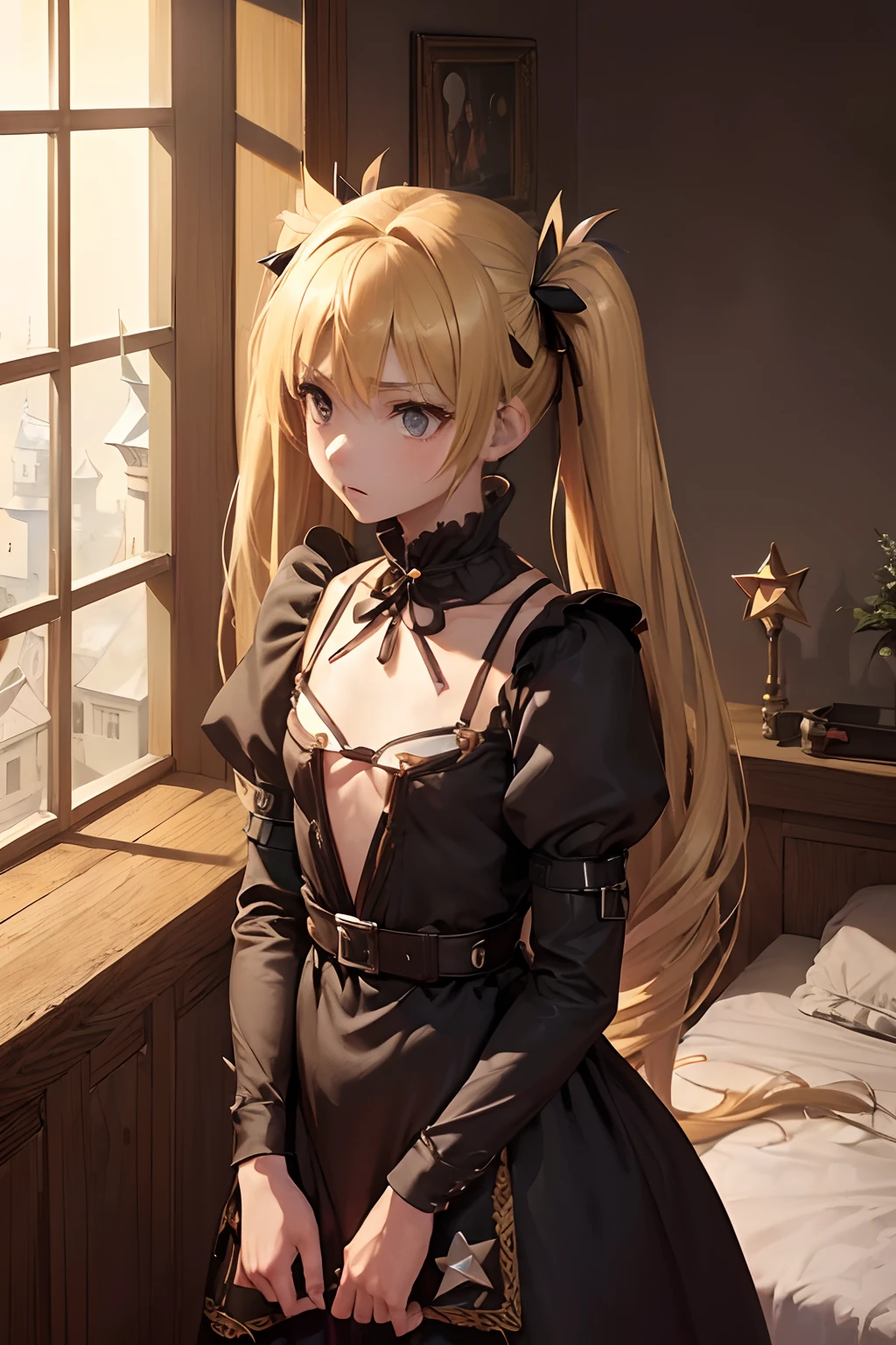 1Beautuful Women, Orange Eyes, Detailed eyes, Cinematic, (((maid clothes))), (((super strong)), masutepiece, Best Quality, shadowy, Contrasty, Ultra-high resolution,(((Petite girl with blonde twin tails))),((Female Spy)),(((a medieval castle))), (((1girl in, Solo))),(((assassin))),(((flat chest))),(((Have a shuriken))),(((by the window))),(((Trying to kill people))),(((Bedrooms)))