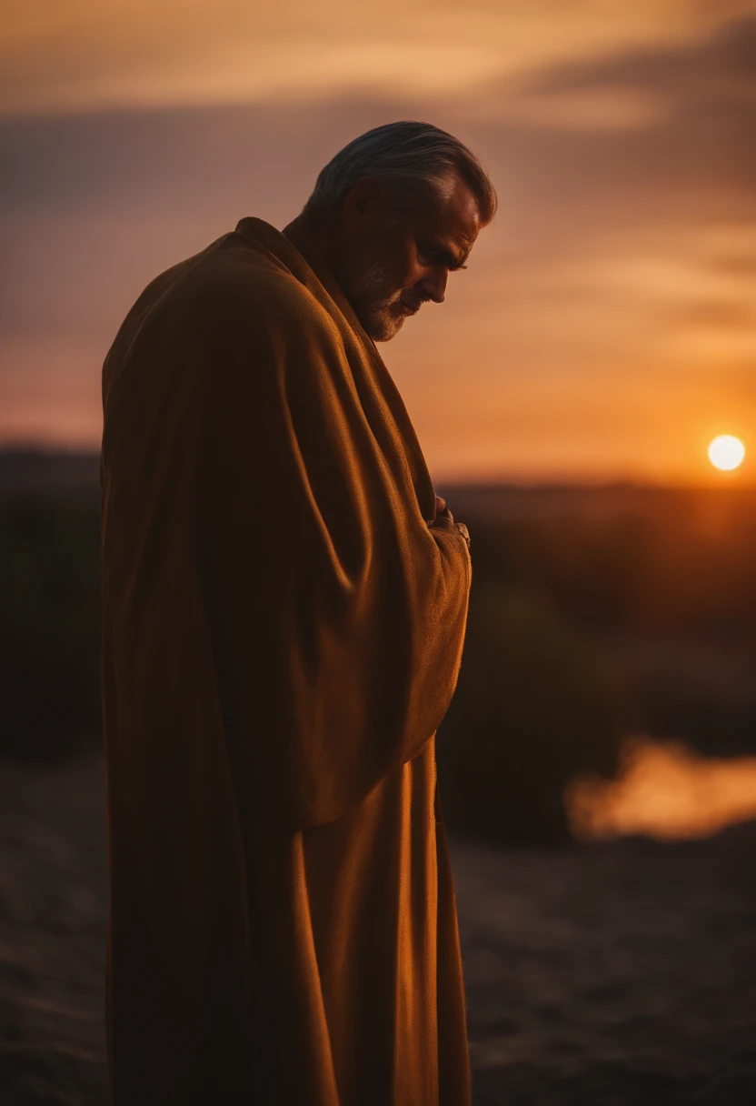 His angular features are covered with the traces of time,The pressure on his shoulders bent his spine,Standing alone in the sunset,The golden light still couldn't hide the sadness under his eyes