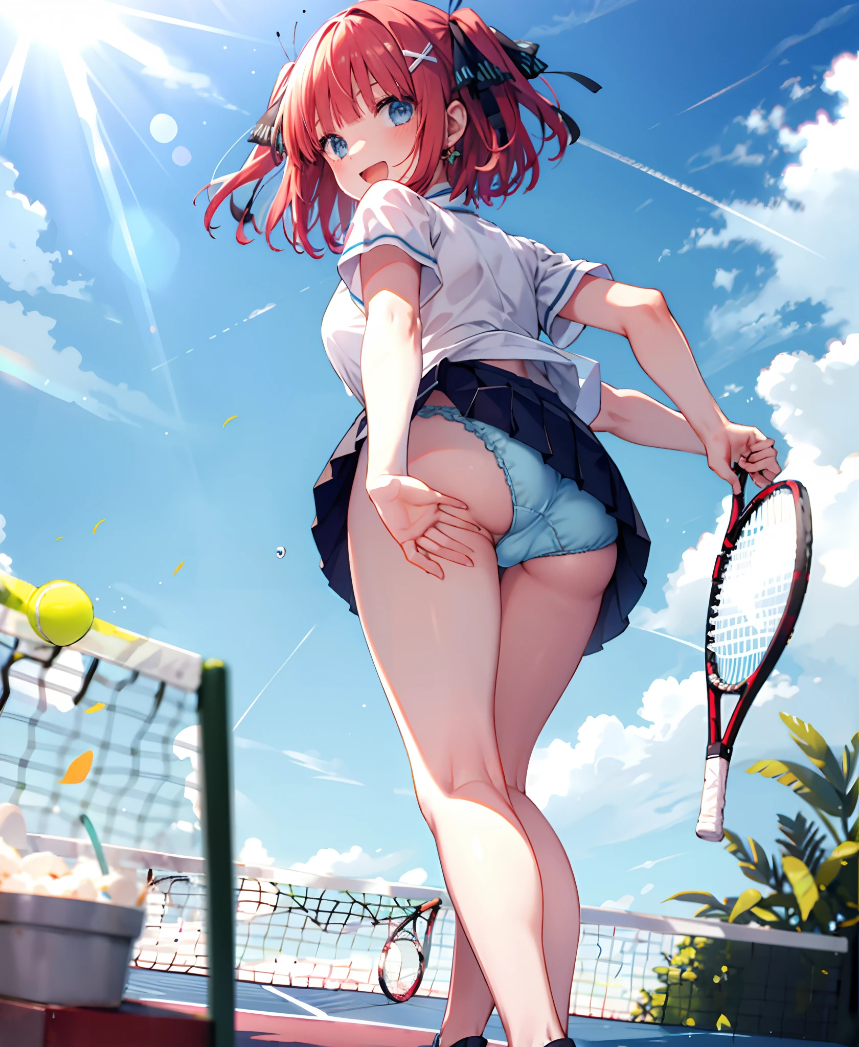 absurdres, highres,
BREAK
looking at viewer, cowboy shot, (from below:1.5)
BREAK
(vivid-color:1.3)
BREAK
(one girl :1.3), (:1.2),red hair, blue eyes, tennis uniform, hairclip, earrings, jewelry, nm1, hair ribbon, short hair, tennis cosplay, (pleated super short skirt:1.4), (thighs:1.3), (Very pretty panties:1.2), (bitten panties:1.3), back facing, skirt lift, show off panties, lifted by self,(large ass:1.3), (ass view:1.6),large breasts, (smile face:1.3), open mouth, (breast:1.3), ass, round eyes, (blowing in the wind:0.5), sweat around girl, dripping sweat, squall (wind:1.2), sense of speed, refreshing breeze, motion blur effect, wind, ( visible:1.4)
BREAK
background is (tennis court:1.3), (10,000 people spectators,:1.3), multiple people behind you, blue sky with clouds, outdoors, (magnificent panorama view:1.2), wind
BREAK
sunlight, magnificent view, rainbow in the sky, light particles, dynamic angle, dutch angle, perspective
BREAK
(daytime, sunbeam:1.2), depth of field, bokeh, light leaks, (chromatic aberration:1.2), noon
BREAK