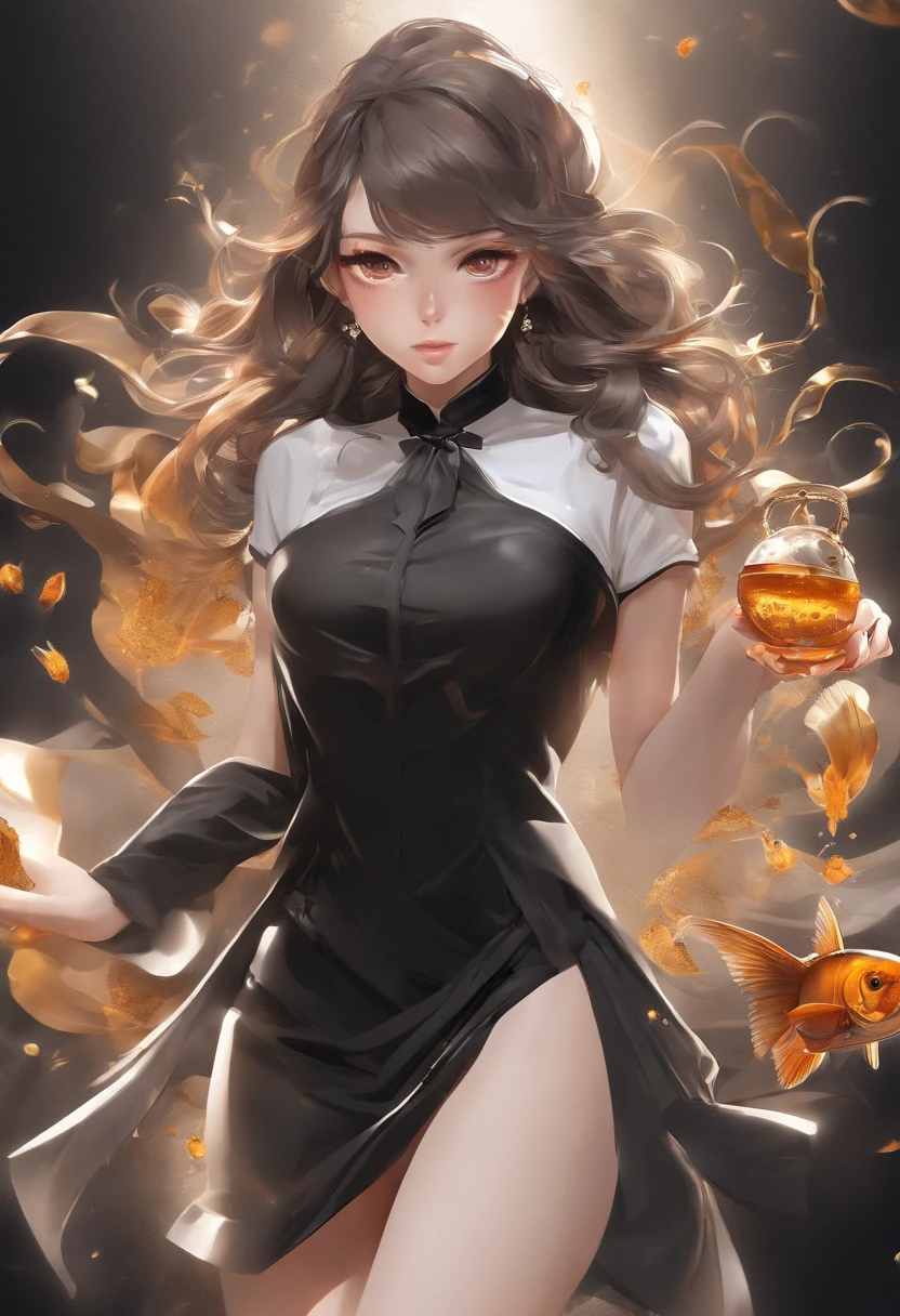 Perfect centralization, Fantastic black goldfish, delight, Standing position, Abstract beauty, Center, Looking at the camera, Facing the camera, Approaching perfection, Dynamic, ighly detailed, suave, foco nítido, 8K, hight resolution, Illustration, art by:Kahne Griffith and Vadim Kashin, Goldfish character, Background with distinct characteristics, Fragment color background, Tombibi Nebula Background, 17 year old girl with sexy appearance, fleshy lips, Paraguay, Brazilian, honey-colored eyes, brown haired, Long and beautiful, Fantastic Short Black Skirt, Athletic physique, ighly detailed,