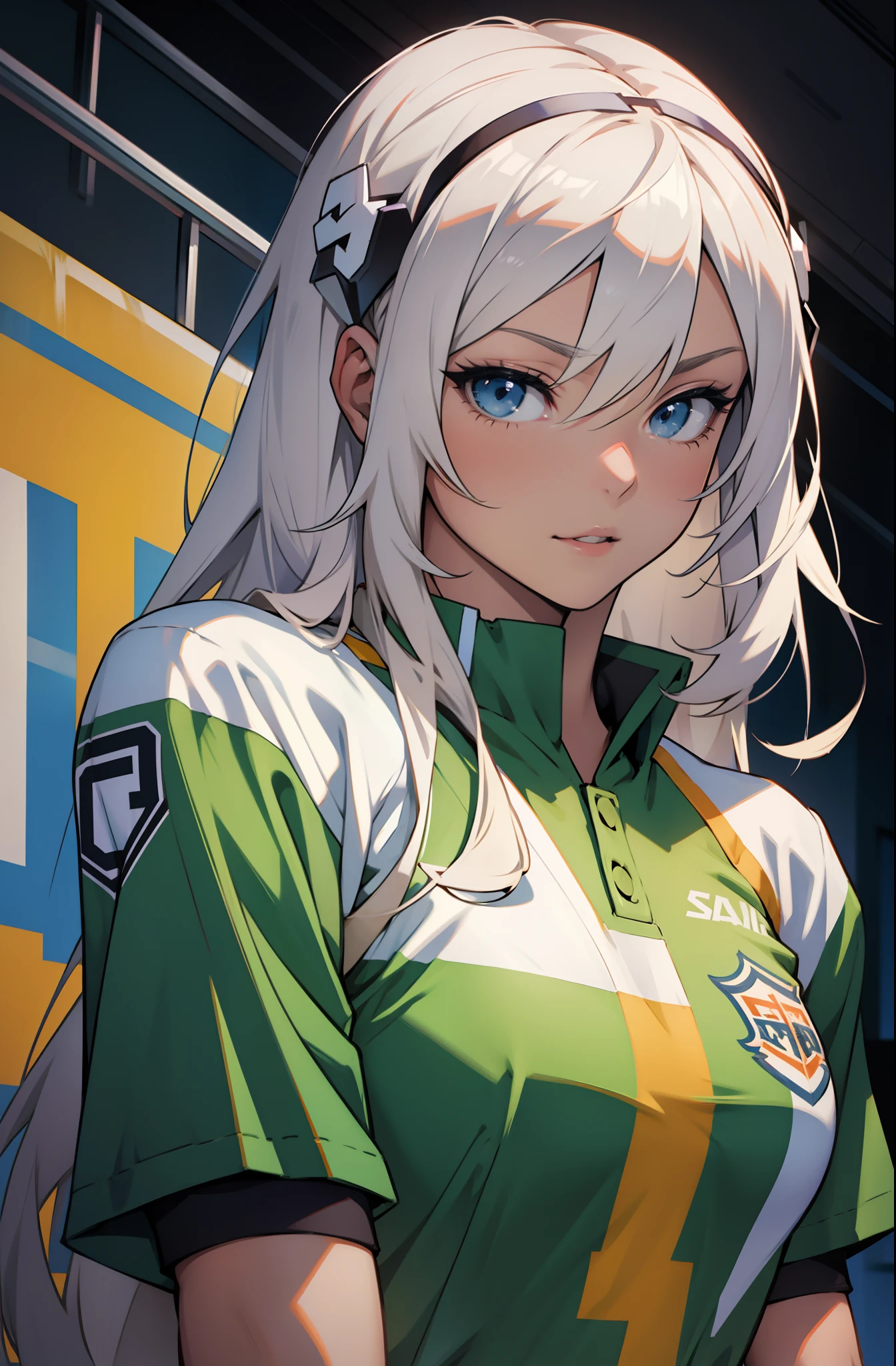 anime girl, Uniforme de football blanc, Cheveux arc-en-ciel