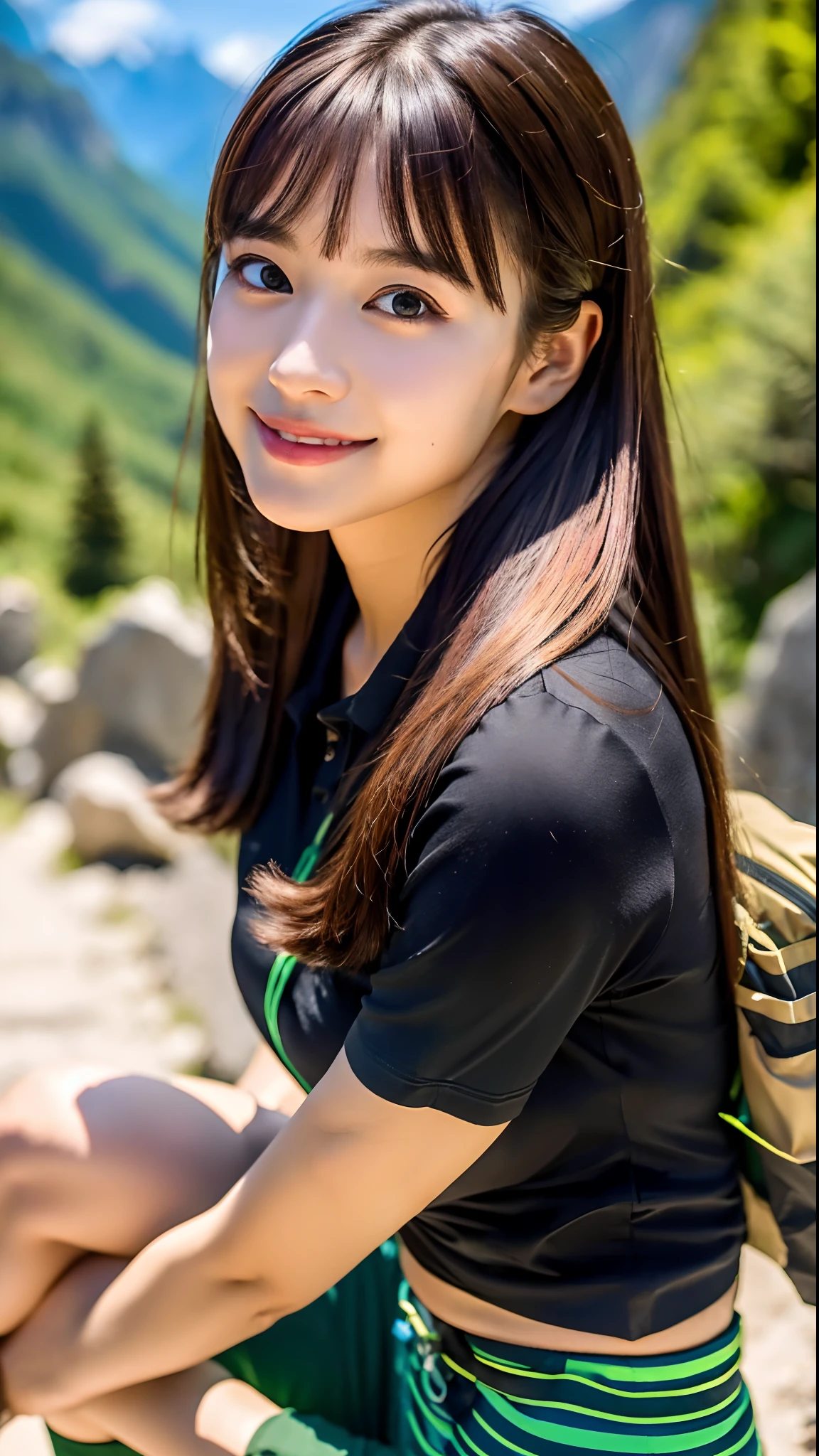 (Natural Landscape Photography), (Best Quality), masutepiece:1.2, 超A high resolution, Photorealistic:1.4, Raw photo, (Magnificent mountain, sea of clouds), (At very high mountain peaks), (Rocky mountain trail), (Wide angle shot),  (Show cleavage:0.8),
(1girl in), (Photo from the knee up:1.3), (18 years old), (Smile:0.9), (Shiny skin), (Semi-long chignon hair, dark brown hair), 
(Black tight shirt, Trekking Shorts), (Carrying a large backpack), 
(hyperdetailed face), (Super Beautiful Maid), (Ultra detailed eyes), (Ultra-detailed nose), (Ultra detailed mouth), (Ultra detailed arms), (ultra detailed body), Pan Focus, gaze at the audience