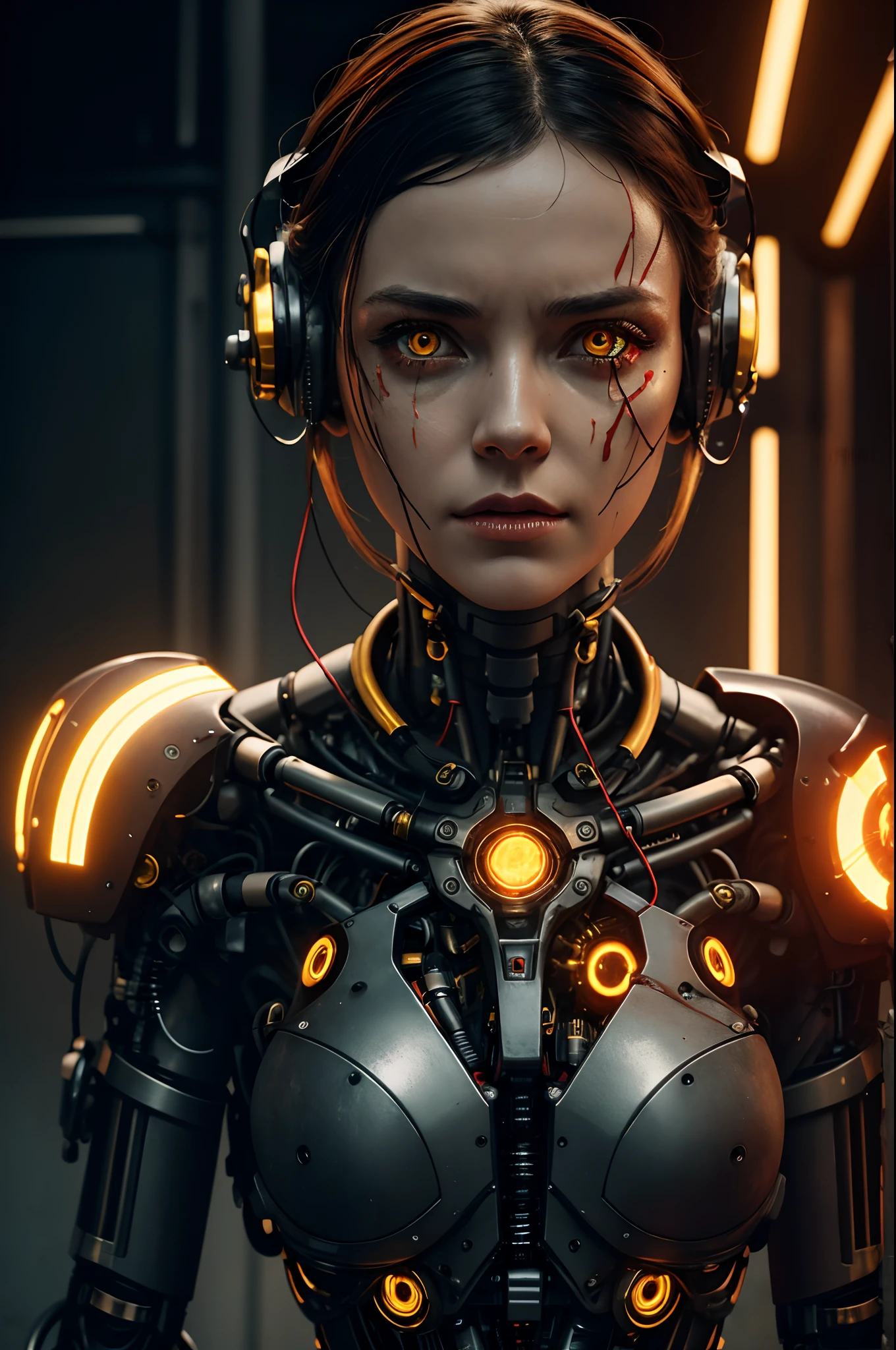 broken cyborg woman, gloweyes, lifeless look, mechanical body and head, wires on the head, highly detailed, Realistic full-length photography, red & yellow, 4k