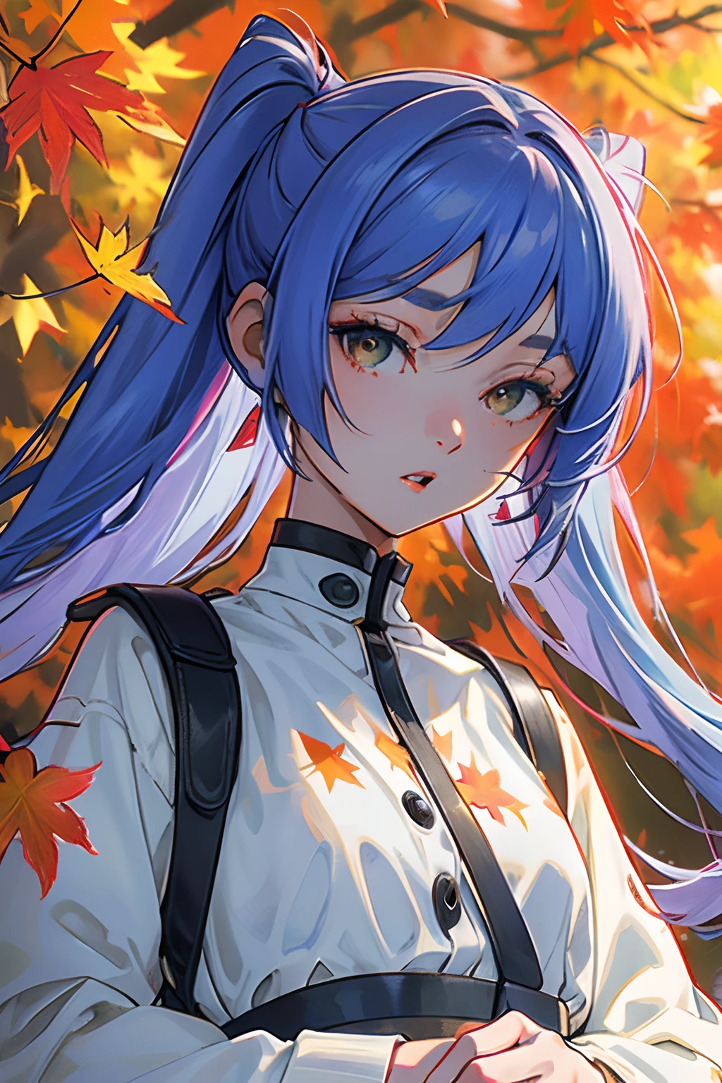 Official art, Unity 8k Wallpapers, ultra-detailliert, Beautifully Aesthetic, masterpiece, top-quality, realisitic, a closeup, Skindentation, Souryu Asuka Langley, Interface headset, A detailed eye, A detailed face, detailed hairs, black backgrounds, straight-on, looking at the viewers, The sheen, Anime, looking at viewer with a cigarette in her mouth, highly detailed with reflections transparent iridescent opaque jacket, Long transparent iridescent RGB hair, 1girl in, Solo, fronds, Long hair, Blurry, Shirt, Autumn leaves, Parted lips, Outdoors, Floating hair, Long sleeves, White shirt, Bangs, Upper body, Open mouth, tusk, Brown eyes, Wind, Autumn, Maple leaf, Falling leaves, Blurry background, day, ginkgo leaf, depth of fields, bug,Funeral Freelen,Freelen,