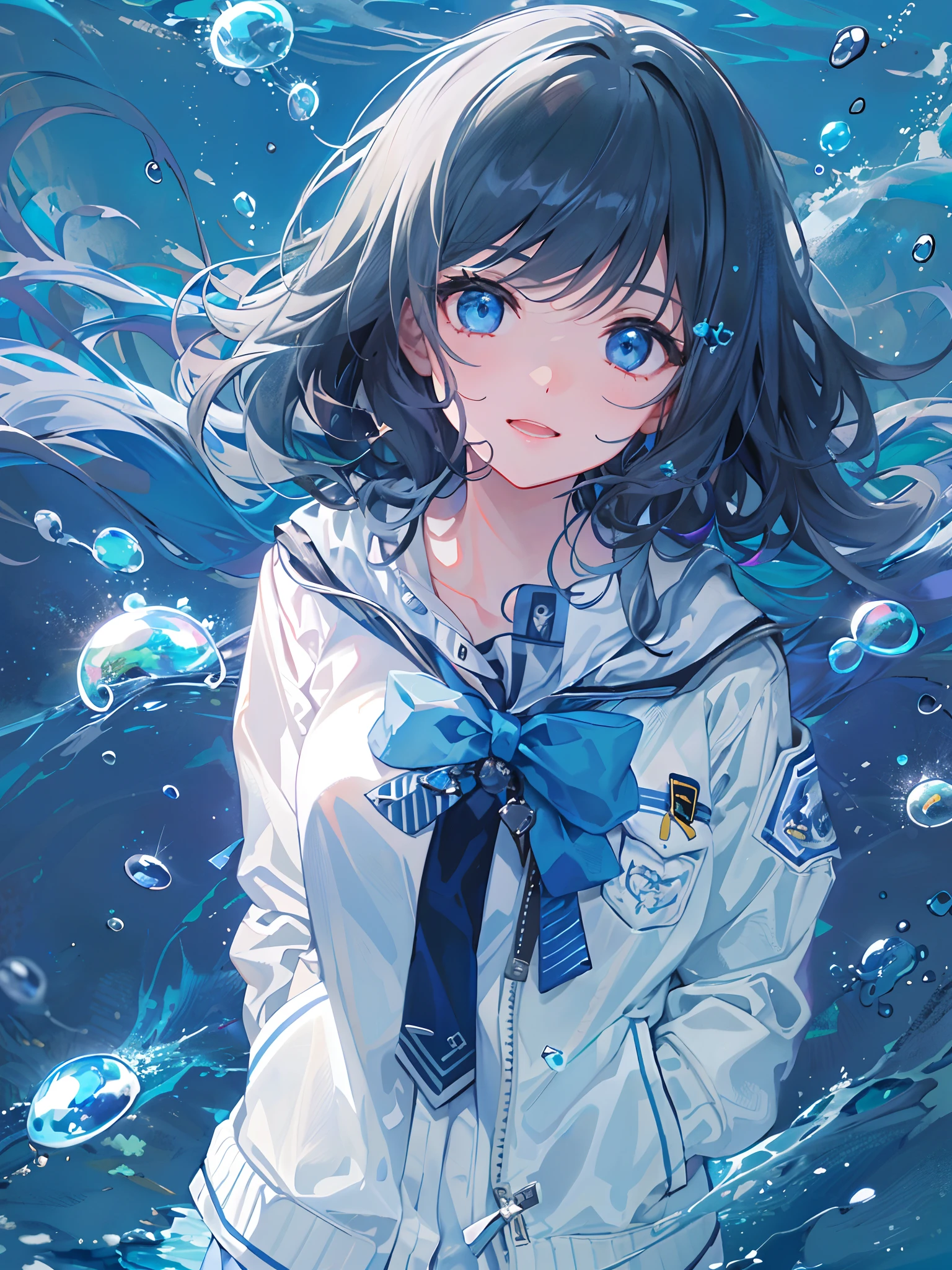 Anime girl in a sailor suit standing in the water with bubbles - SeaArt AI