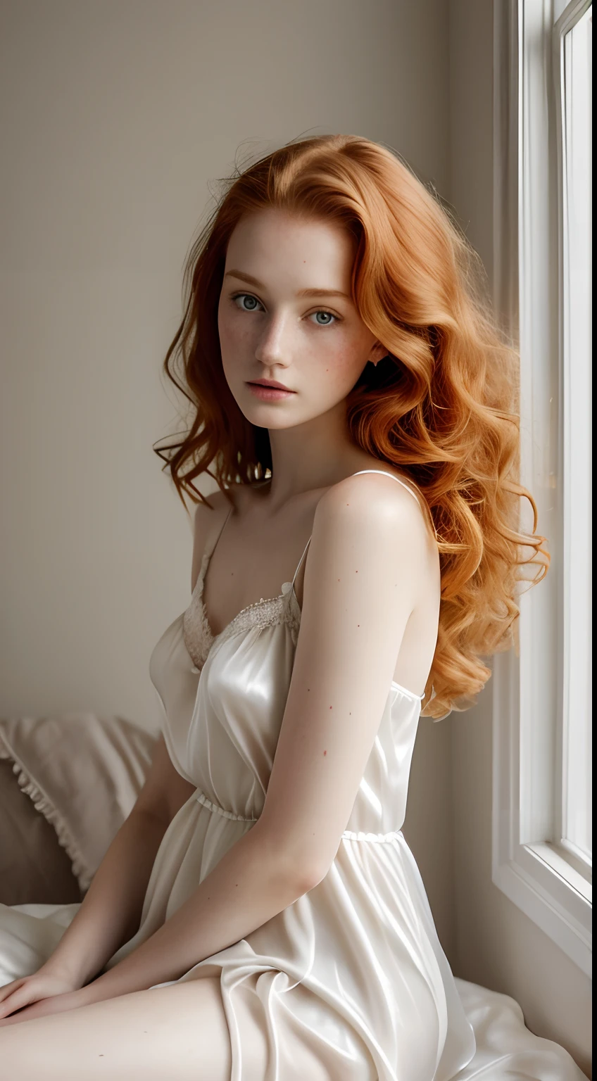 1girl in, age19, Solo, Aesthetic artwork, irish redhead, wavy ginger hair, shoulder length ginger hair, gray eyes, light grey eyes, some small freckles, pale skin, A-cup, small breasts, runners body, (textured skin, skin pores:1.1), (moles:0.8), imperfect skin, goosebumps, in a dark bedroom sitting down, relaxing, innocent, (extremely detailed 8k wallpaper), (soft lighting), high quality, film grain, Fujifilm XT3 sharp focus, f 5.6, 50mm, High Detail, Sharp focus, (boudoir light), (in a white silk nightgown: 1.8). Silk, A white nightgown, lace pattern, poking through, crazy details, complex details, hyperdetailed