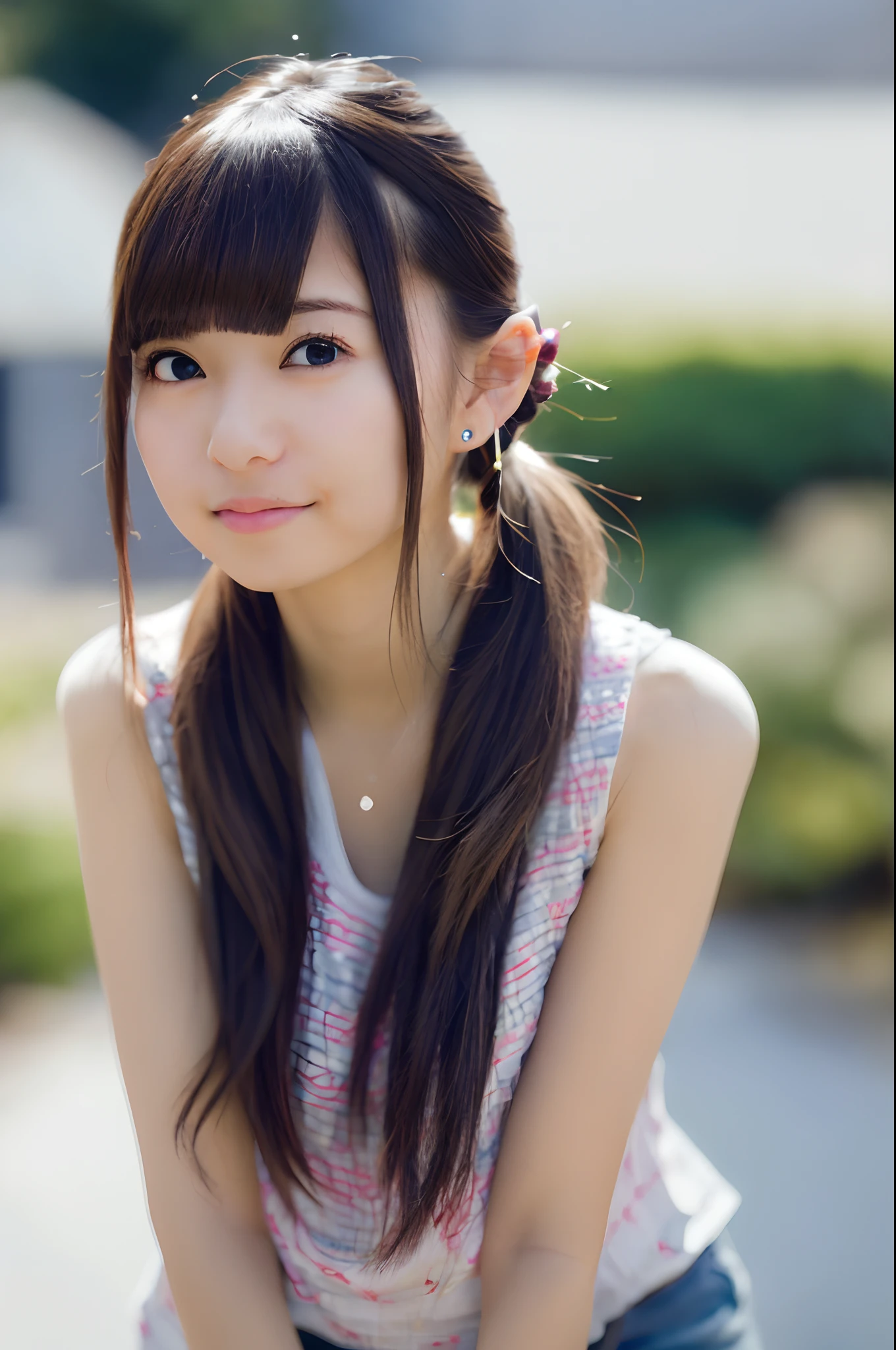 (4k, Best Quality, High Resolution:1.1), (Realistic, Photorealistic:1), Cute Girl With Flat Breasts, Asuka, (Cute:1.8), Cuties, Solo, (Flat Breasts:1.2), Detailed Eyes, Brown Eyes, Innocent Eyes, Blushing, Random Clothes, Masterpieces, Beautiful Lighting, Cinema Lights, Film Grain, Jewelry, Heart-Shaped Earrings, Bangs, Cherry Lips, viewer, upper body, open lips, ponytail, side ponytail, two sideways, depth of field, blurred background, eye focus, bokeh, 85mm lens, f/1.4, professional lighting, photon mapping, radiosity, physically based rendering, high detail, masterpiece,