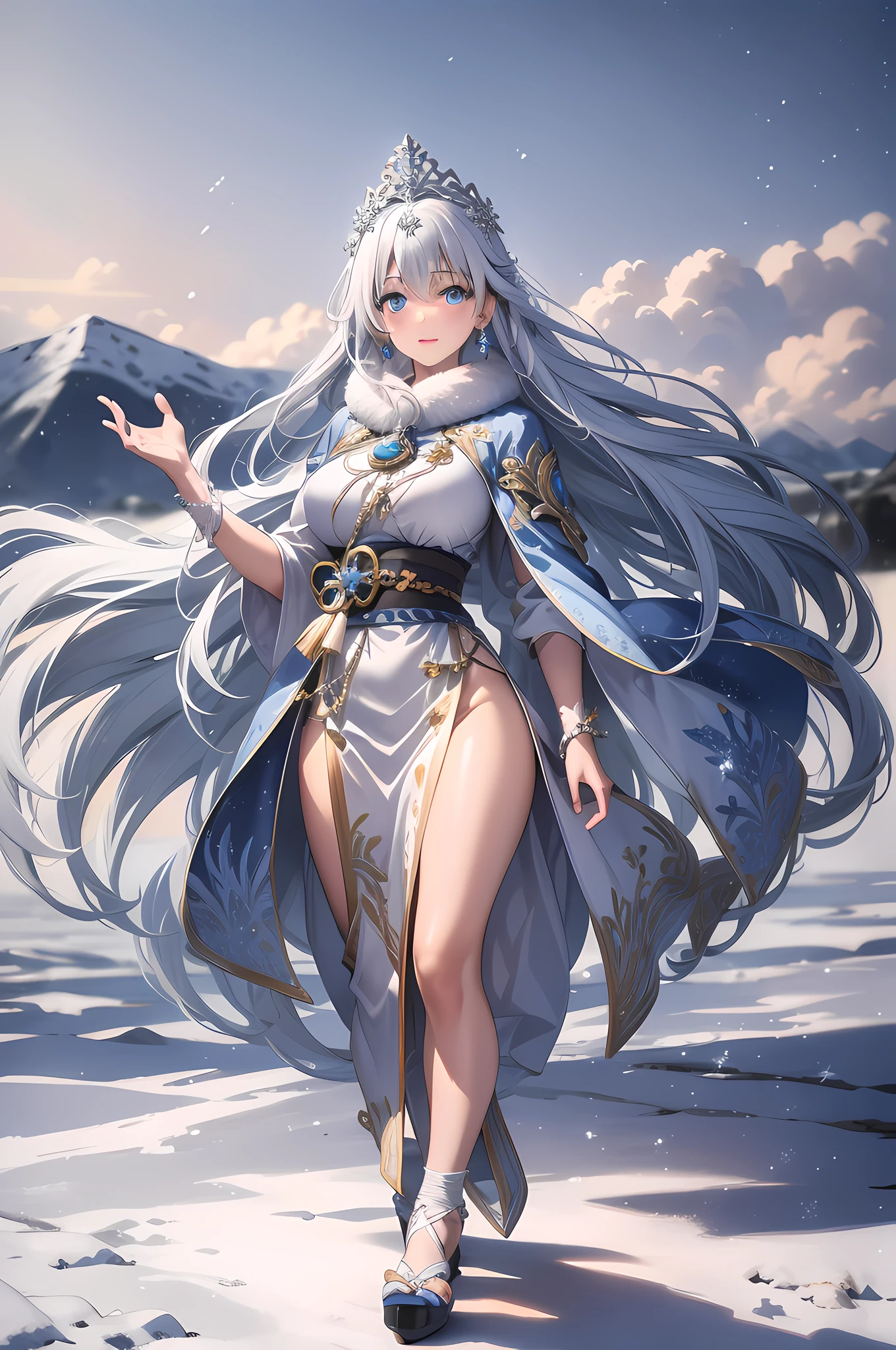 Best texture, High quality, Ultra HD, 8K, Full body photo, Panorama pictures, Snow, Flying snowflakes, Dancing in the snow, Girl, Full of silver jewelry, Hmong clothing, Silver phoenix crown, Melon seed face, Ultra-detailed face, Blue eyes, long eyebrow, Fair skin, sliver long hair, long and flowing hair, Rise with the wind, Colorful gifts of snowflakes, Realistic, Very detailed, High detail, Ultra-clear,