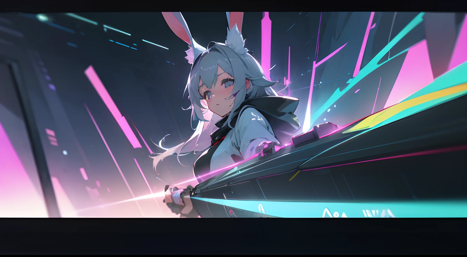 Rabbit ears Gray hair color girl with natta in woods Psychedelic atmosphere Large screen on the back DJ Events Anime Pictures