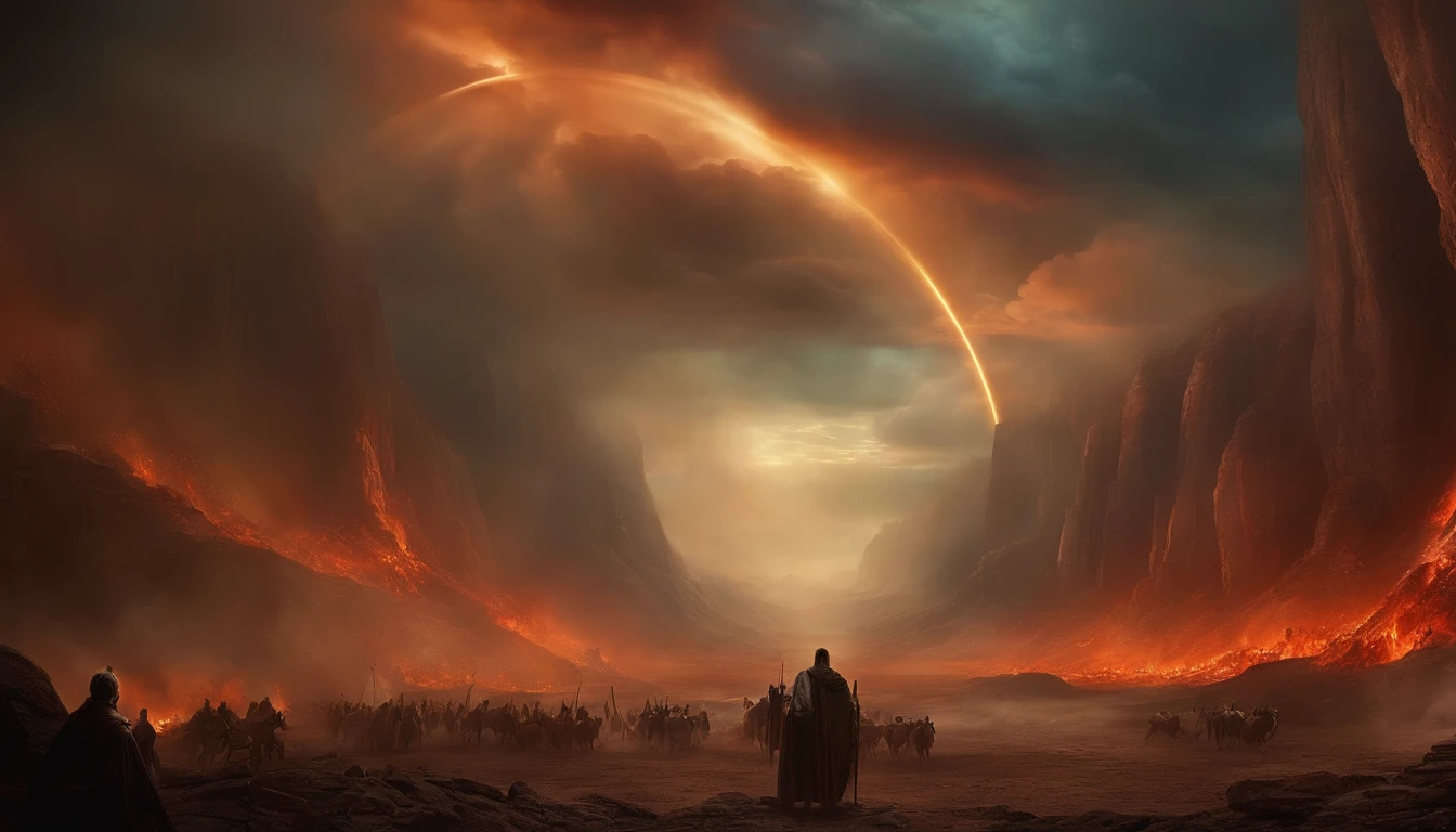 a group of people standing in a field with a light shining, in screenshot from the 300 movie, ruan jia and fenghua zhong, kremlin towers are destroyed, anamorphic flares, middle earth, still image from the movie, after effects, film cinematography