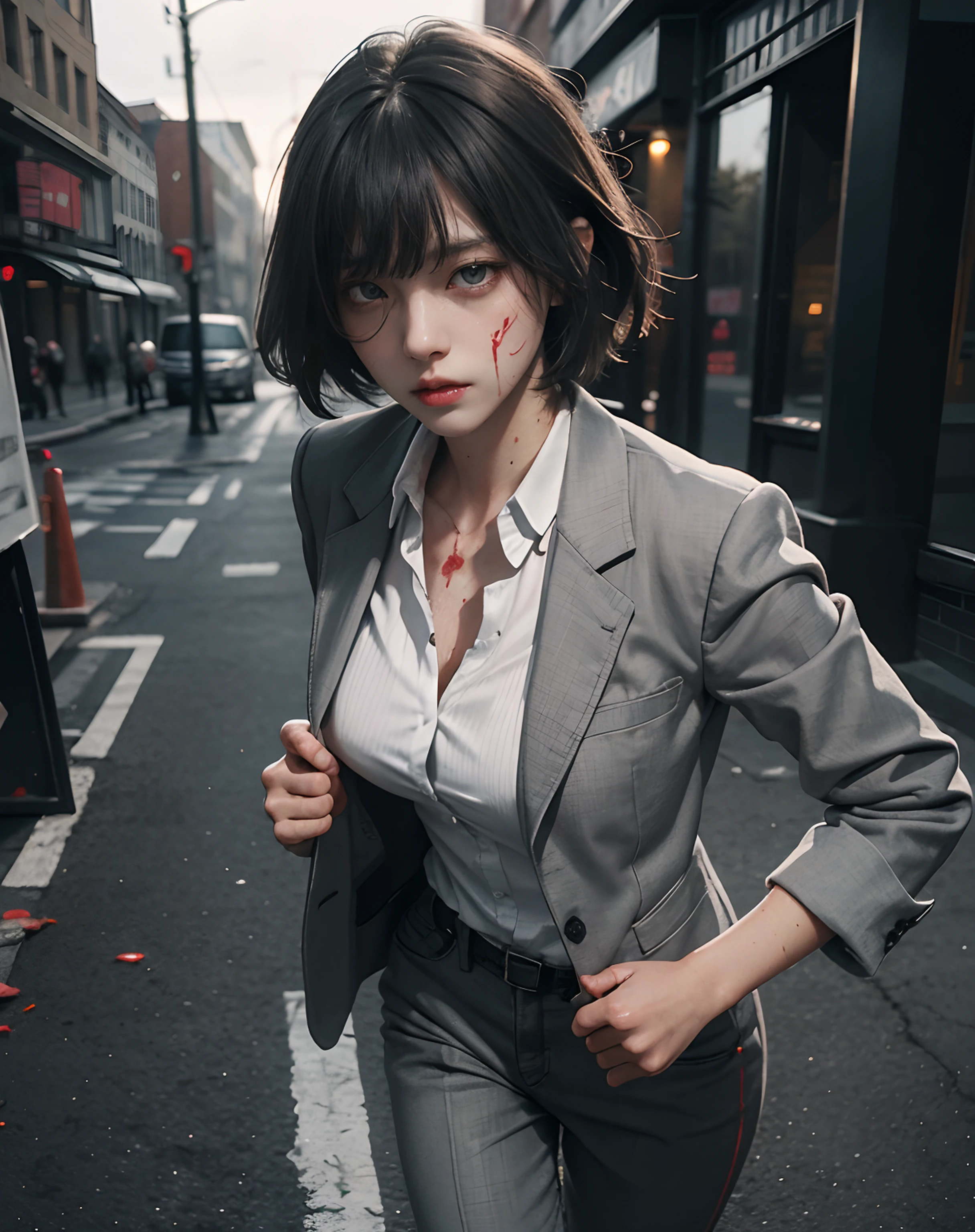 Girl:1.1,solo,bangs,short hair,(beautiful),(wearing schools uniforms), grey blazer. black and white clothes, detailed messy clothes,detailed, (realistic shadow),colorful, detailed veins and vesels,chocked,(zombie expression),perfect body,full body,18 years old,large breast:1.2,limping stance,cinematic lighting,grey eyes,shout,sharp focus,(bloods:1),highly detail CG illustration,(walking as a zombie),(hands forward),(Messy:1.2)