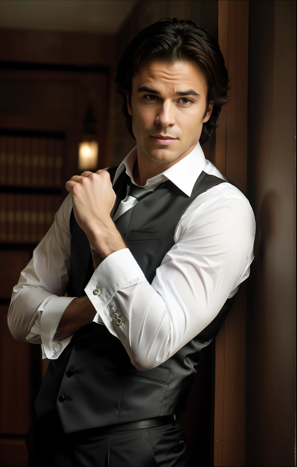 arafed man in a vest and tie leaning against a wall, damon salvatore, handsome man, bella, handsome male vampire, beautiful man, fox, male vampire, handsome male, tv show still, handsome, tv show, vampire, promo still, alejandro, edward, hot, stunning woman, james, intense smoldering, no shirt under the vest