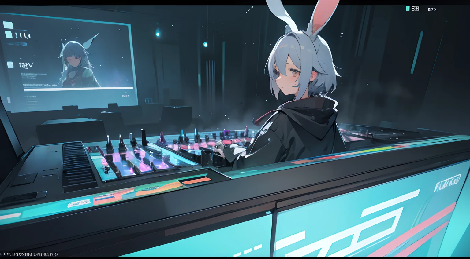 Rabbit ears　Gray hair color　girl with　natta　in woods　Psychedelic atmosphere　Large screen on the back　DJ Events　Anime Pictures