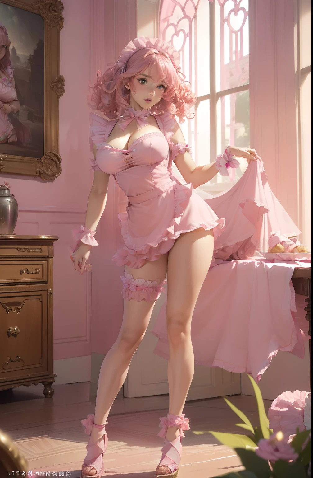 ((masterpiece, best quality, ultra-detailed, ultra-HD, photorealistic, cinematic)), (wide camera shot, full body view:1.2), (standing, sensual pose), (alluring female model), perfect anatomy, perfect face, large cleavage, proportioned hands, (pink hair is adorned with curls:1.3), (light pink maid uniform with pink hair ribbons:1.4), (wears stylish wedge sandals:1.5), dynamic background
