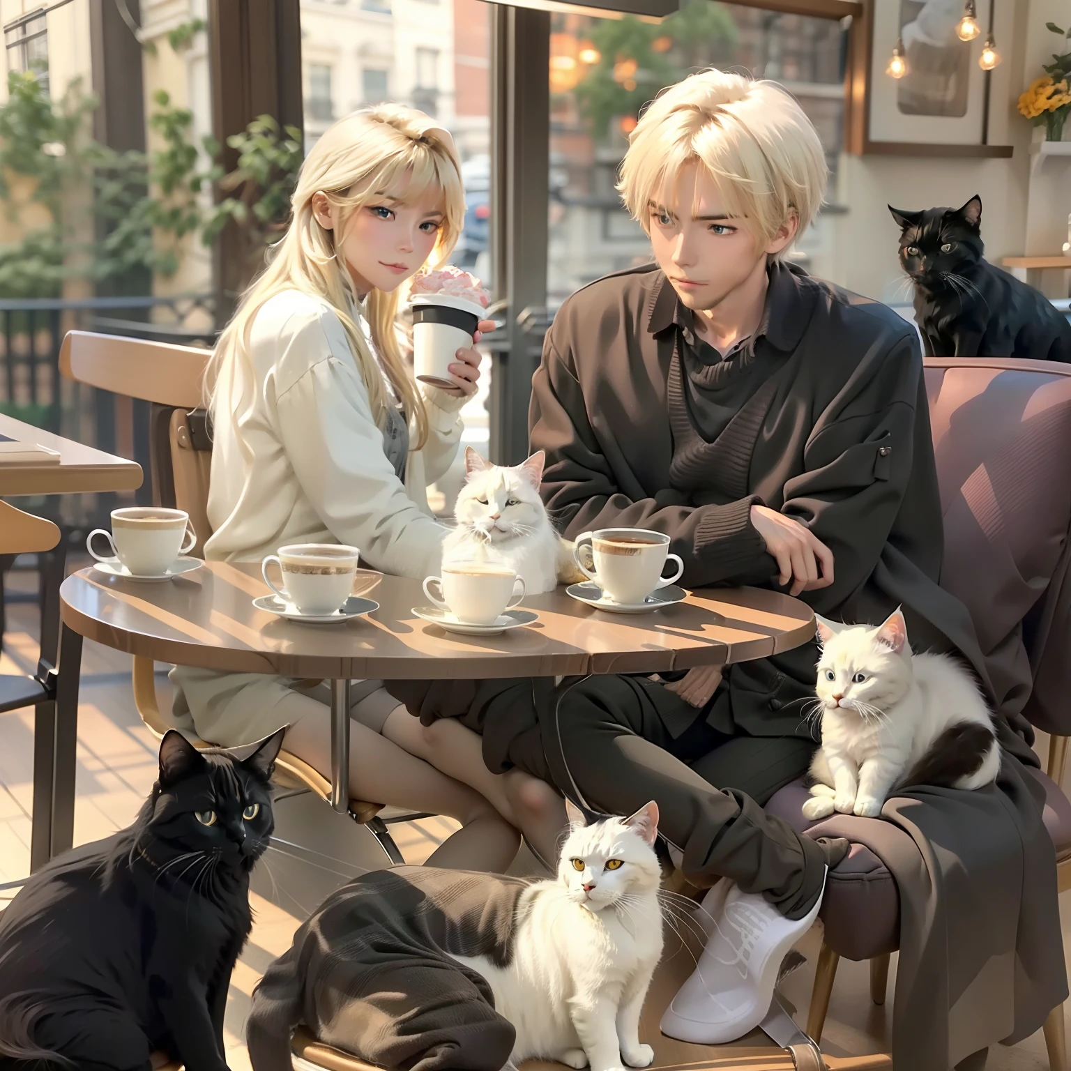 Handsome blonde short hair boy holding a long-haired white cat and a long-haired black cat sitting in a café drinking coffee，Pleasant view from the café，very cozy