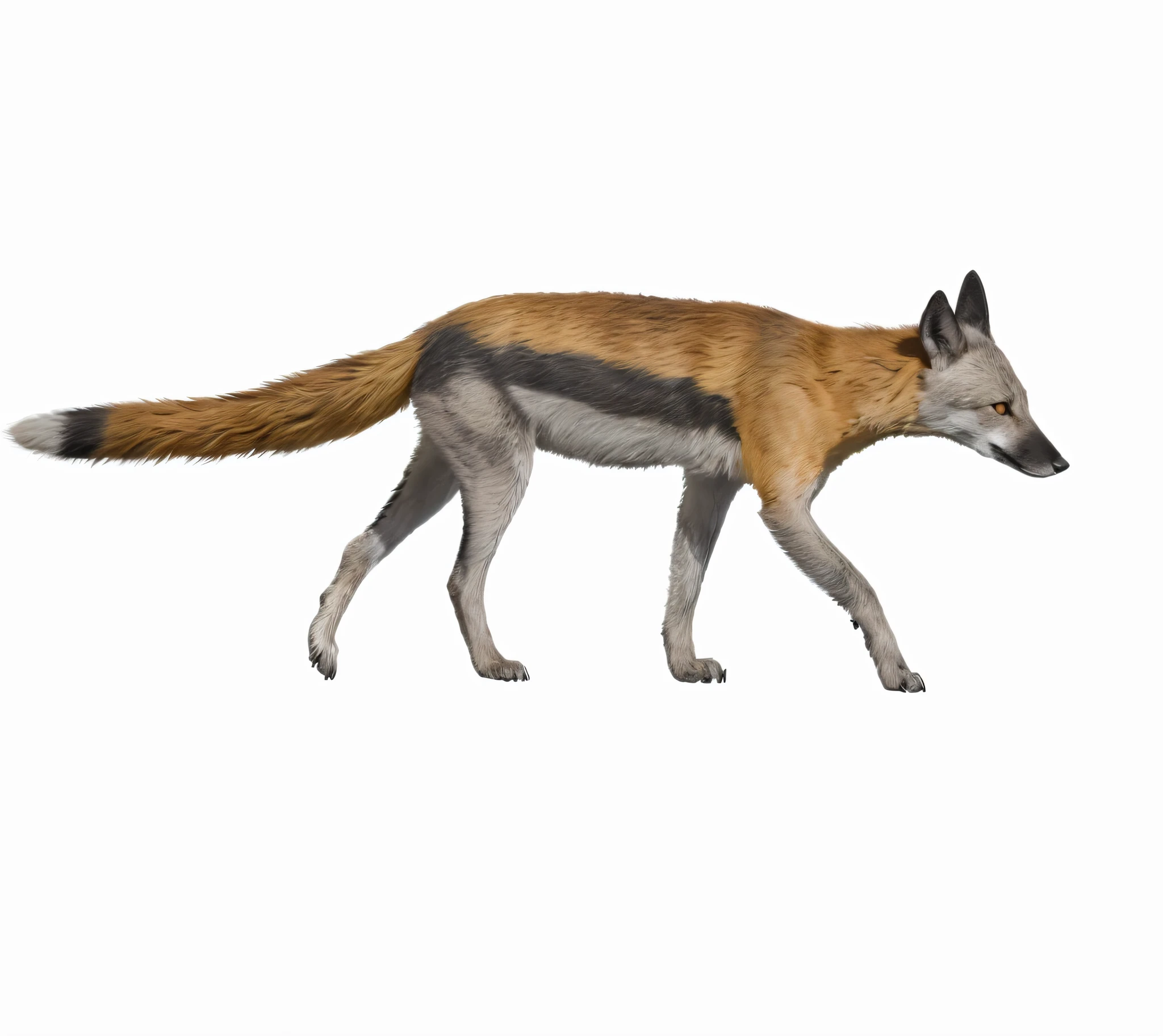 a close up of a dog walking on a black surface, stylised fox - like appearance, 3/4 view realistic, anthropomorphic coyote male, highly detailed animal, thylacine, jackal, realistic creature concept, an anthropomorphic fox, female fox, highly detailed fur, realistic fur, depicted as a 3 d render