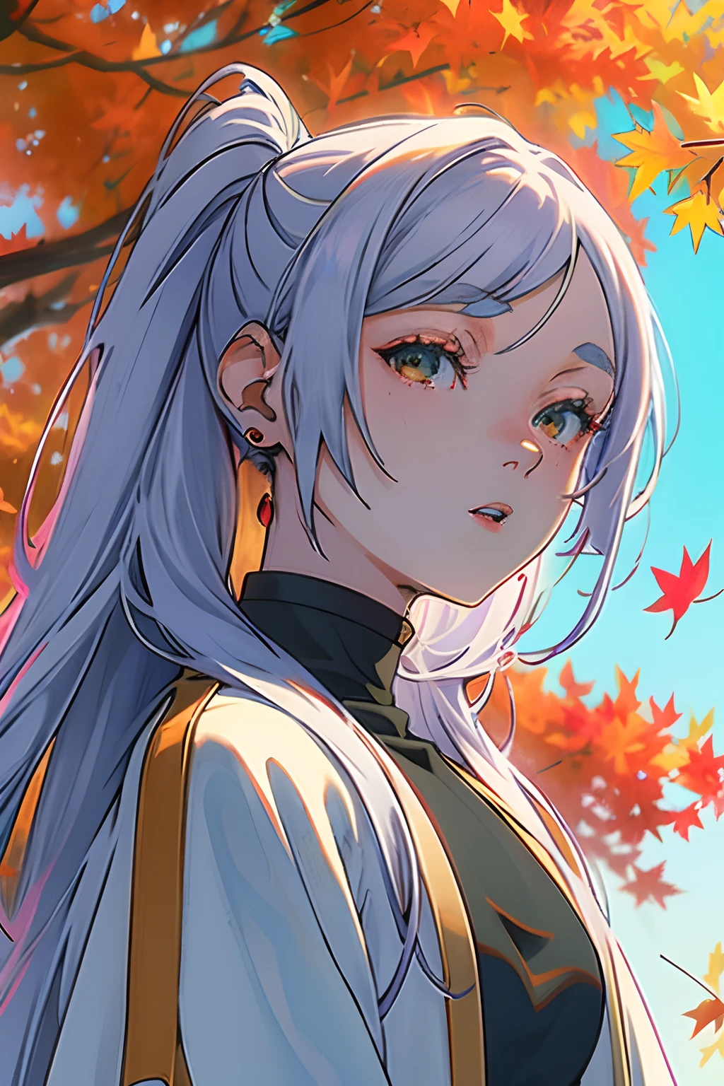 Official art, Unity 8k Wallpapers, ultra-detailliert, Beautifully Aesthetic, masterpiece, top-quality, realisitic, a closeup, Skindentation, Souryu Asuka Langley, Interface headset, A detailed eye, A detailed face, detailed hairs, black backgrounds, straight-on, looking at the viewers, The sheen, Anime, looking at viewer with a cigarette in her mouth, highly detailed with reflections transparent iridescent opaque jacket, Long transparent iridescent RGB hair, 1girl in, Solo, fronds, Long hair, Blurry, Shirt, Autumn leaves, Parted lips, Outdoors, Floating hair, Long sleeves, White shirt, Bangs, Upper body, Open mouth, tusk, Brown eyes, Wind, Autumn, Maple leaf, Falling leaves, Blurry background, day, ginkgo leaf, depth of fields, bug,Funeral Freelen,Freelen,