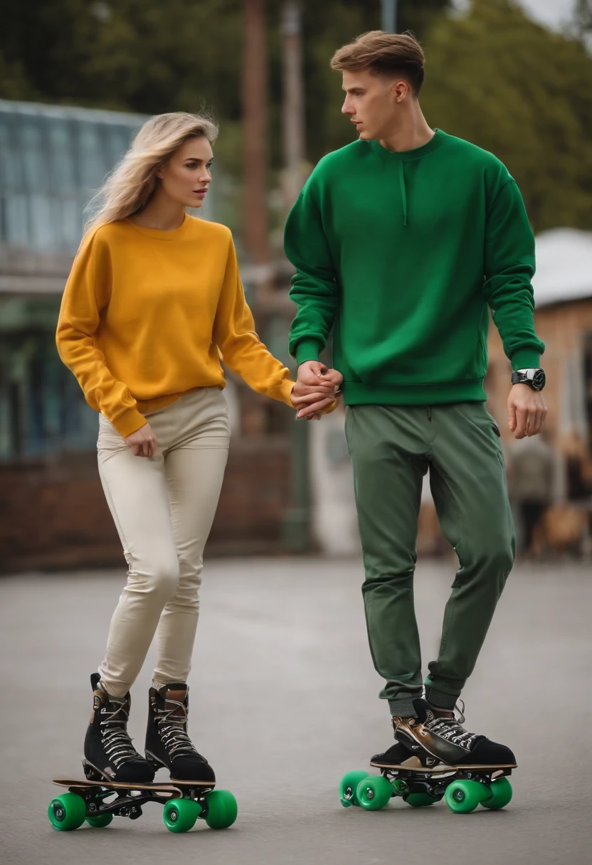 A beautiful lady with height 165 cm wearing a green sweatshirt and matching pants.
with her boyfreind in a gray shirt and cream pants
Both of them have inline skates and are competing