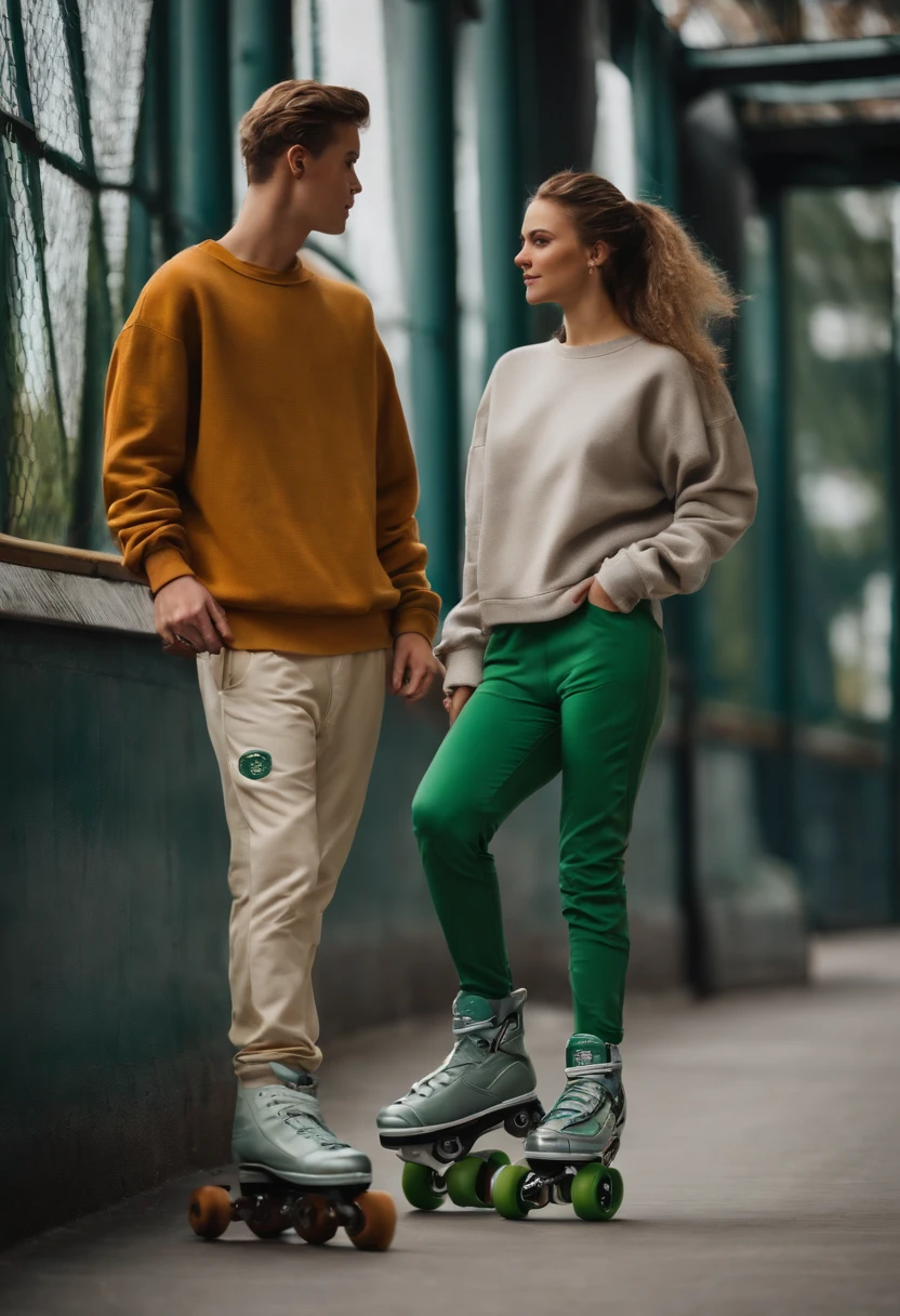 A beautiful lady with height 165 cm wearing a green sweatshirt and matching pants.
with her boyfreind in a gray shirt and cream pants
Both of them have inline skates and are competing