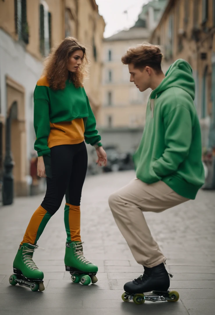 A beautiful lady with height 165 cm wearing a green sweatshirt and matching pants.
 with her boyfreind in a gray shirt and cream pants
Both of them have inline skates and are competing